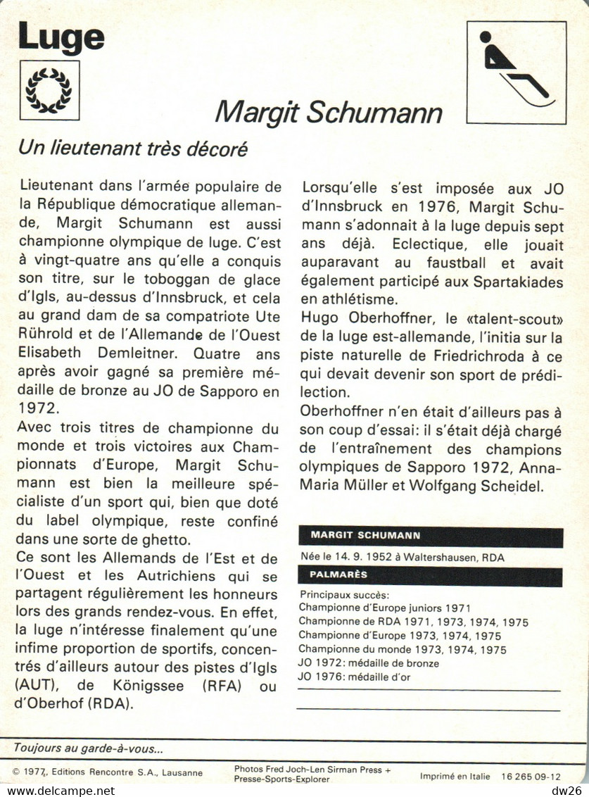 Fiche Sports: Luge - Margit Schumann (RDA) Championne Olympique 1976 Et Du Monde 1973 à 1975 - Deportes