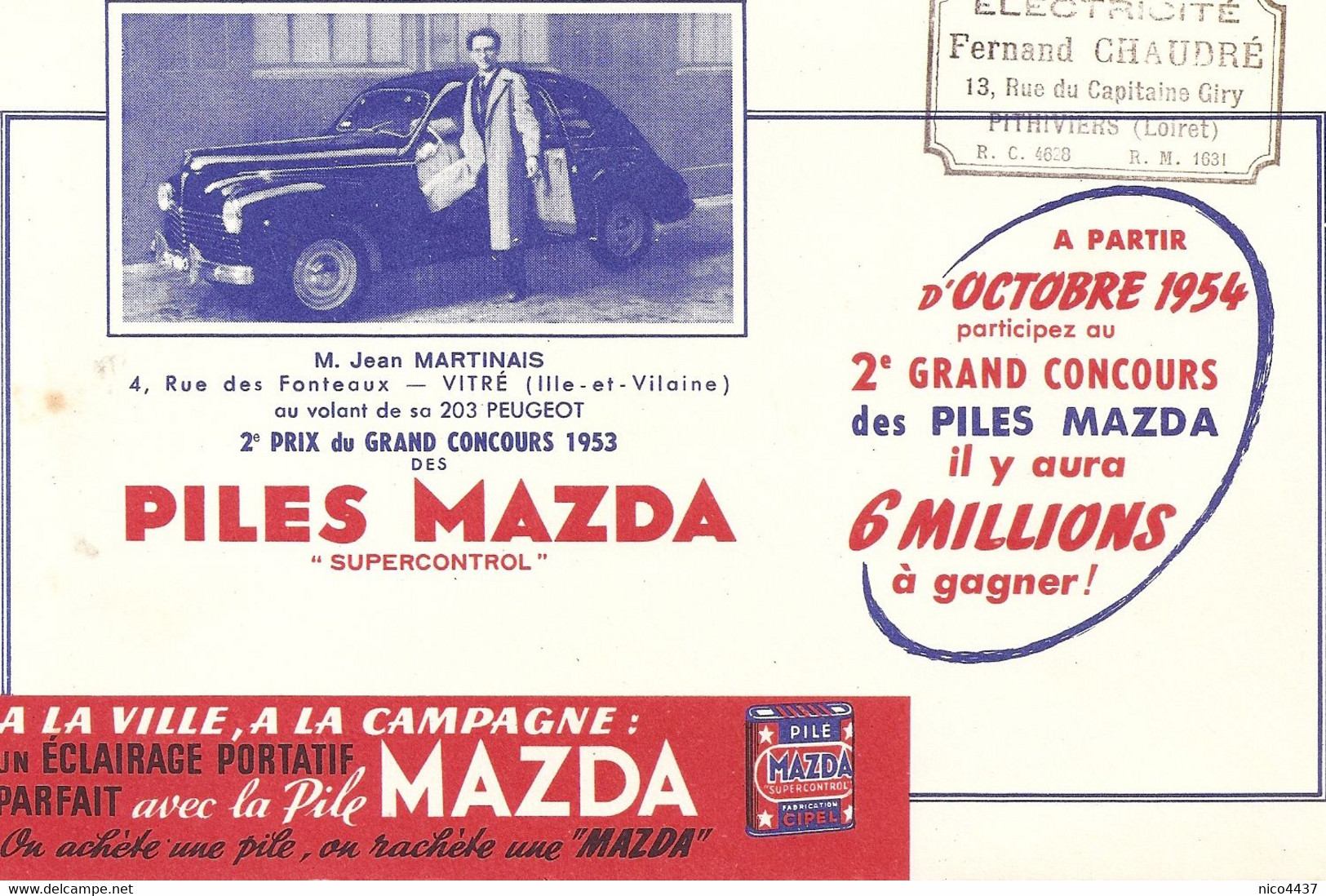 Buvard Piles Mazda Jean Martinais Vitré .. Cachet Fernand Chaudré A Pithiviers - Batterie