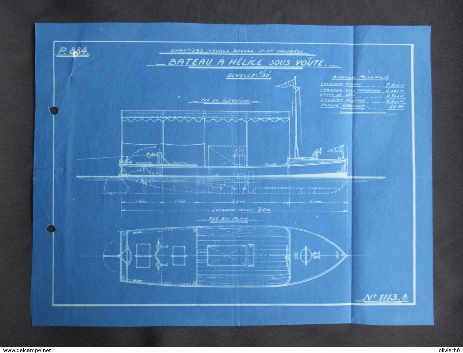 VP PLAN Et ELEVATION 1926 (V2030) BATEAU à HELICE Sous VOUTE (6 Vues) Echelle 1/50 Chantiers Navals Belges CRUYBEKE - Other Plans