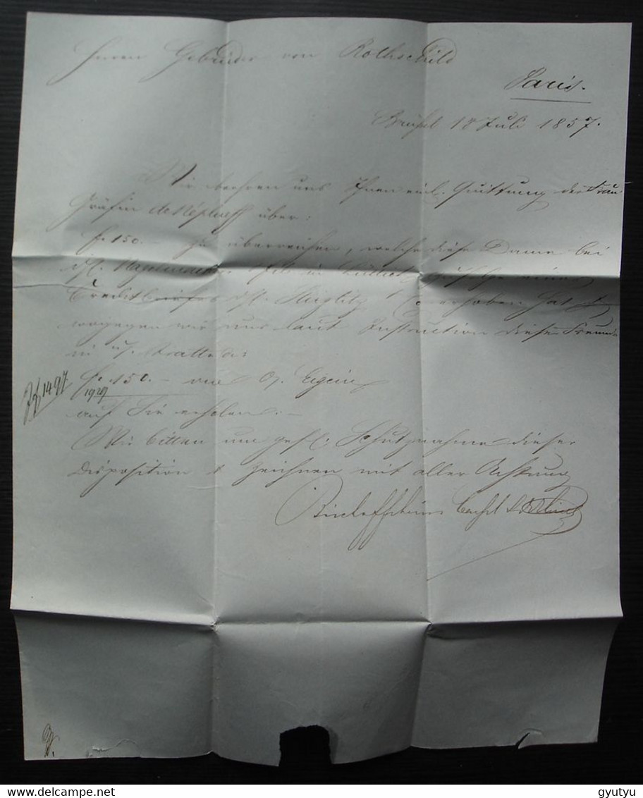 Belgique Par Valenciennes 1857 Lettre De Bruxelles Bischoffsheim Cassel Et De Kirsch Pour Les Frères Rothschild à Paris - Marques D'entrées