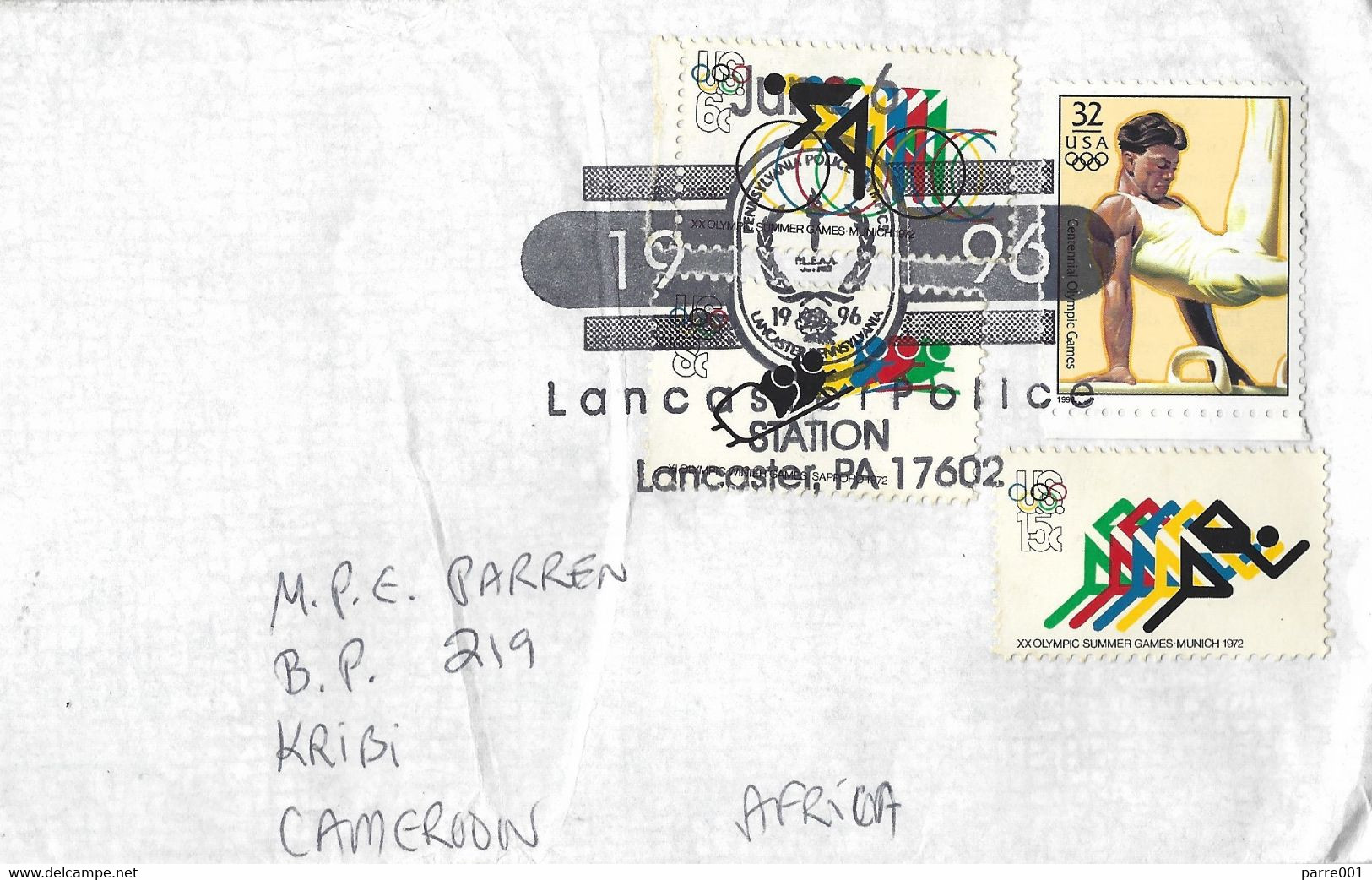 USA 1996 Lancaster Pennsylvania Police Olympics Special Handstamp Cover To Cameroon - Politie En Rijkswacht