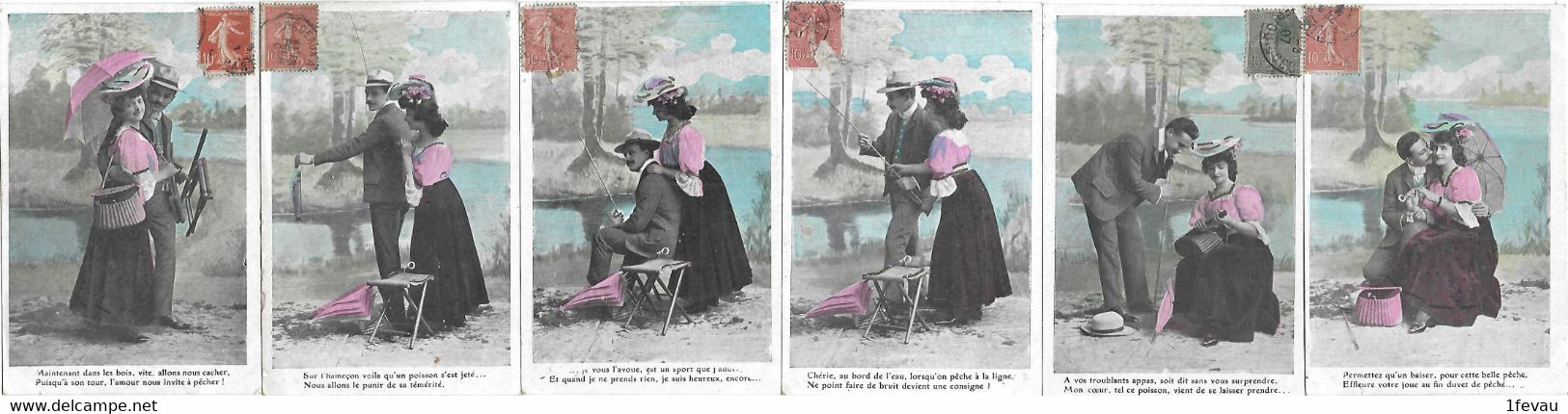 Lot De 6 CPA Fantaisie Couple De Jeunes Amoureux Partie De Pêche Série Vers 1900 - Entertainers