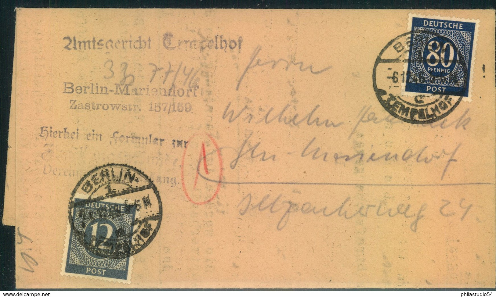 1947, Orts-Zustellung Mit 92 Pfg. Ziffernfrankatur BERLIN-TEMPELHOF - Autres & Non Classés