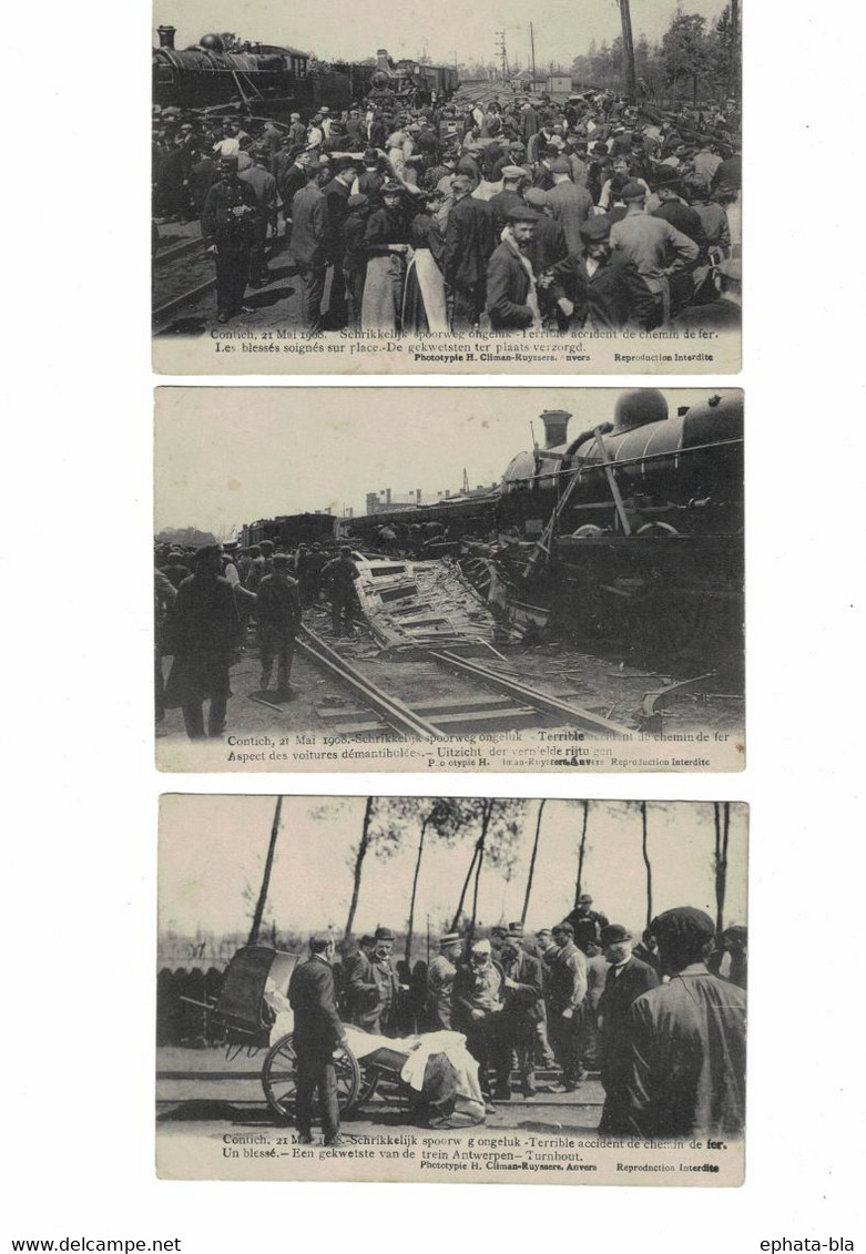 Accident Train à Vapeur, 21-05-1908 Kontich (Anvers). Lot De 5 Cartes - Kontich