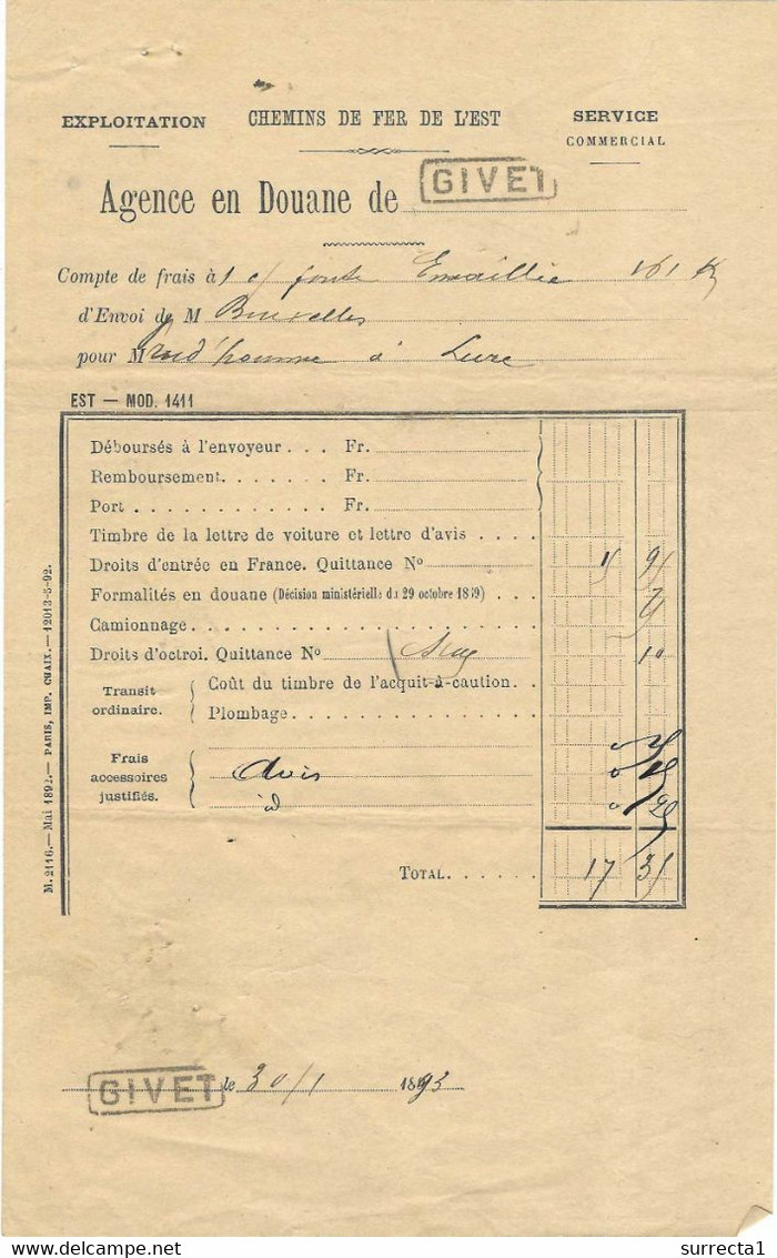 1893 / Colis Postal De Bruxelles Belgique / Agence En Douane De Givet (frontière) / Chemins De Fer De L'Est - Andere & Zonder Classificatie