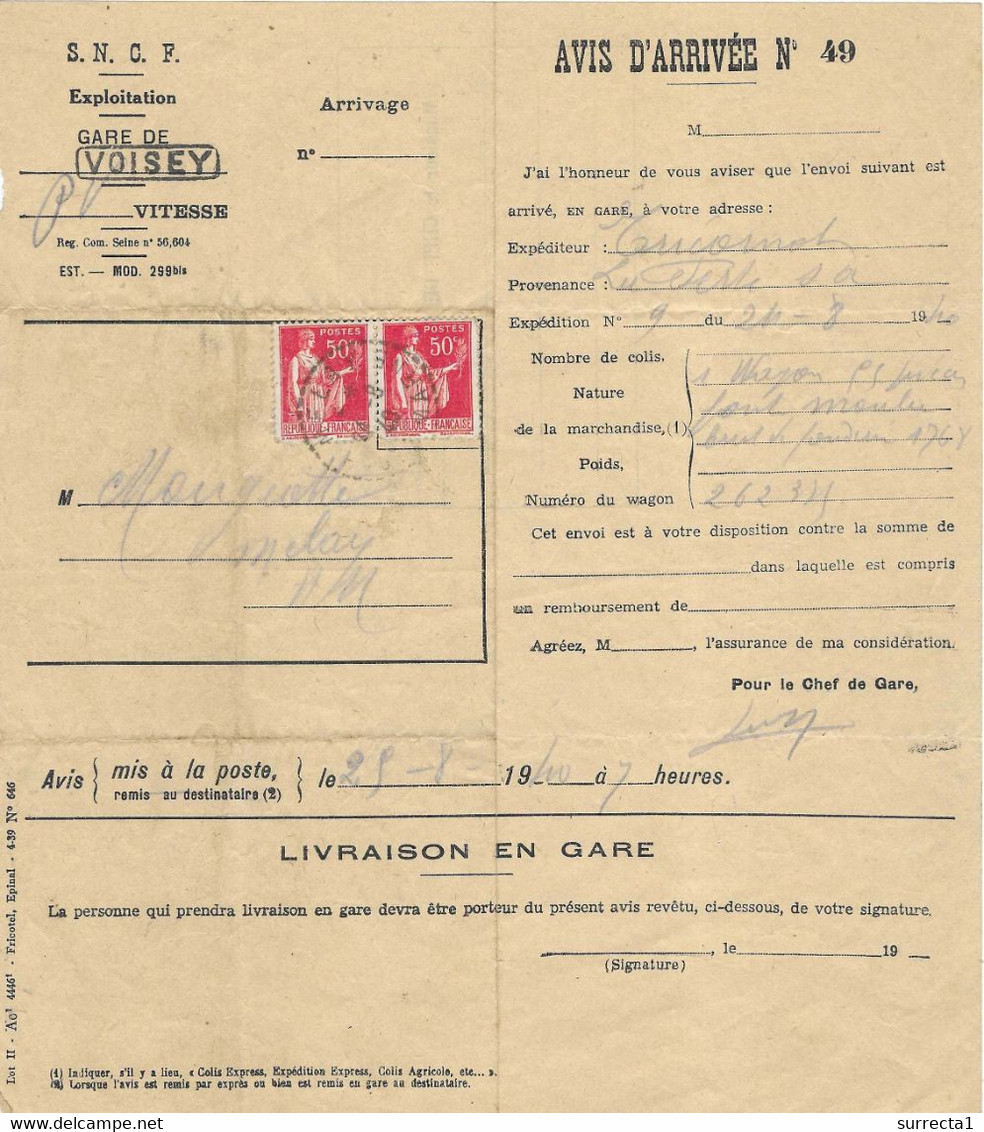 1940 / Avis D'arrivée Wagon Fonte / Gare De Voisey , Cachet Pointillé De Melay / 52 Haute-Marne - Other & Unclassified