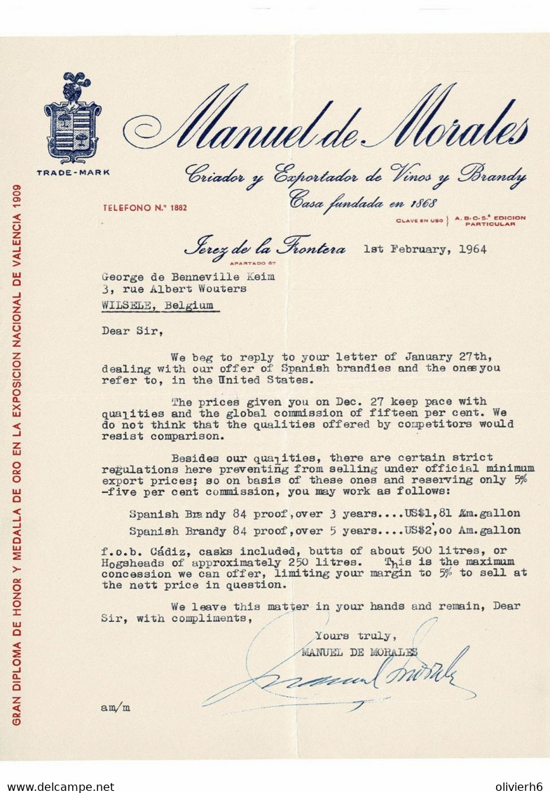 VP COURRIER 1964 (V2030) MANUEL DE MORALES Vinos Y Brandy (1 Vue) Jerez De La Fronteira - Espagne