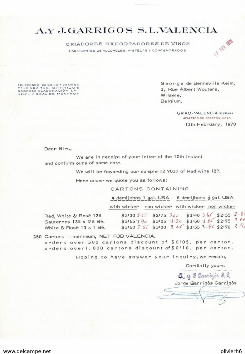 VP COURRIER 1970 (V2030) J. GARRIGOS S. L. VALENCIA - EXPORTADORES DE VINOS (1 Vue) GRAO - VALENCIA ESPANA - Spanien