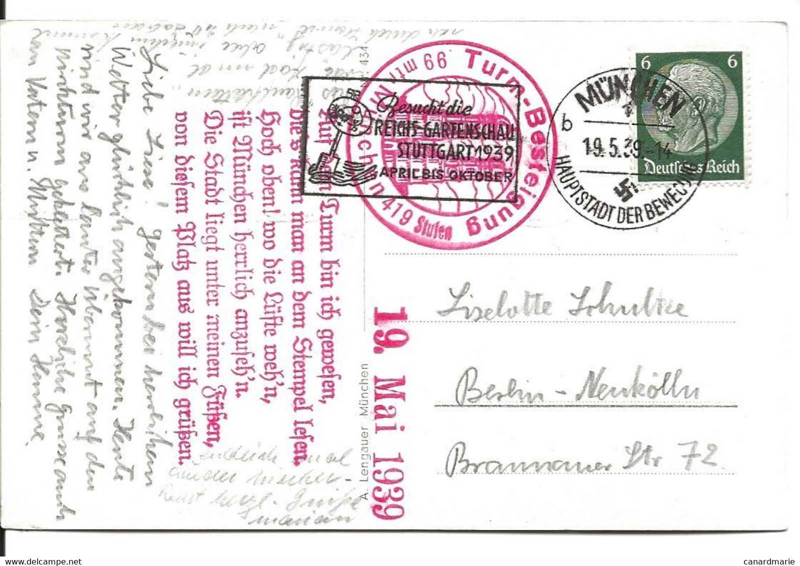 CARTE POSTALE 1939 AVEC CACHET ROUGE TURM-BESTEIGUNG MÜNCHEN - Briefe U. Dokumente