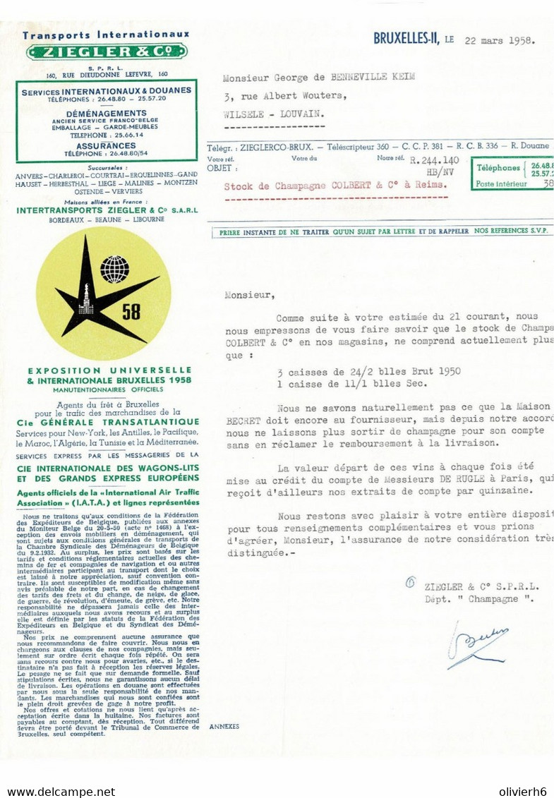 VP COURRIER 1958 (V2030) ZIEGLER & CO TRANSPORTS INTERNATIONAUX (1 Vue) DéMéNAGEMENTS - Logo Expo 58 - Trasporti