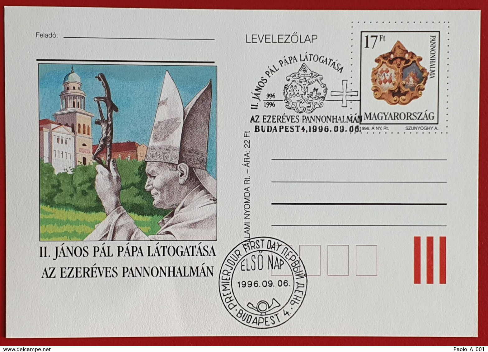 MAGYARORSZAG HUNGARY UNGARN 1996 EZEREVES PANNONHALMA BUDAPEST PAPAL VISIT LEVELEZÖLAP - Storia Postale