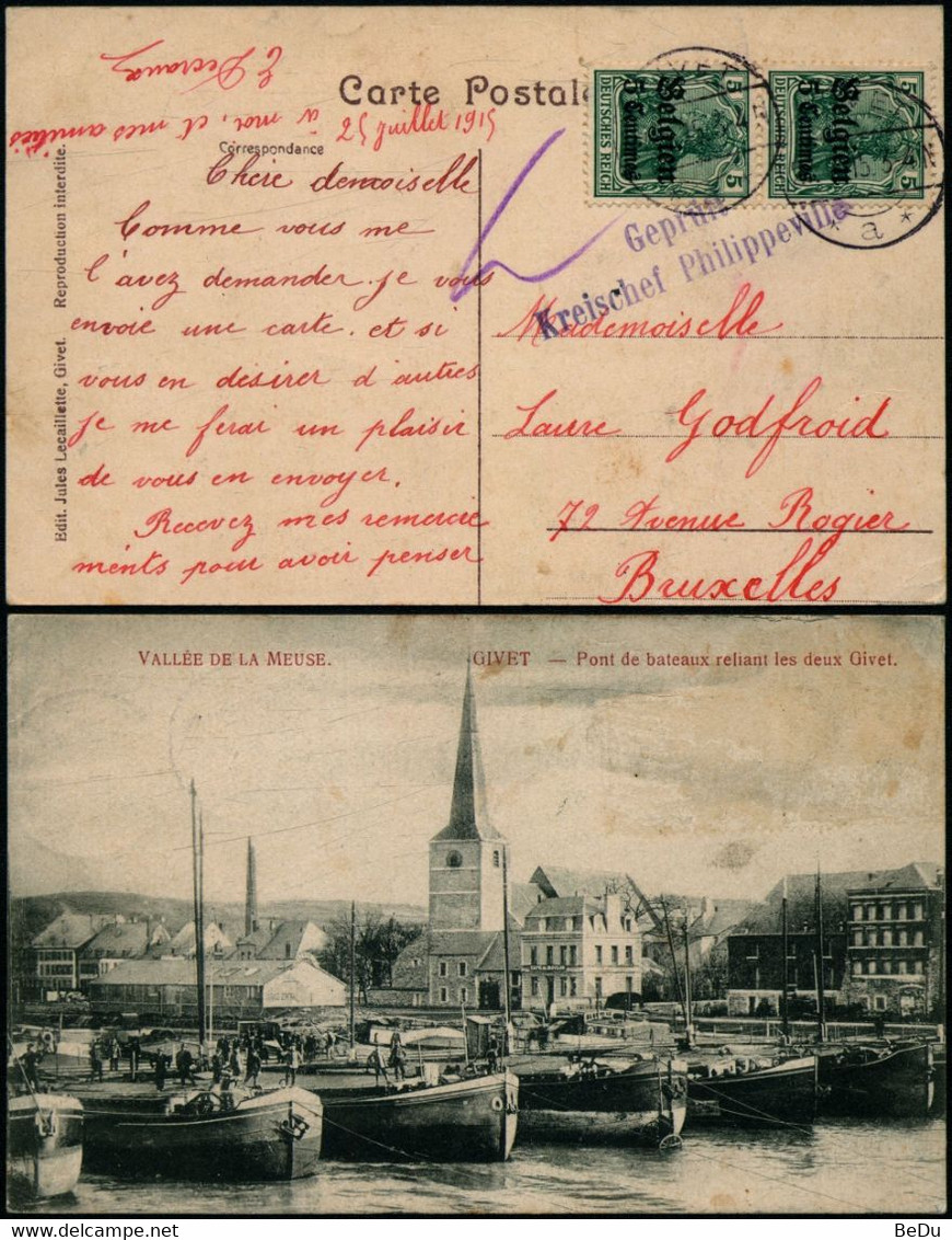 DEL053 - Carte Censurée Occupation De Givet France à Bruxelles 1915 Censure De Philippeville - Andere & Zonder Classificatie