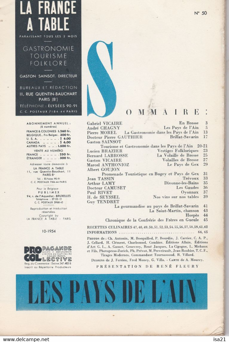 Revue LA FRANCE A TABLE: N° 50 1954: LES PAYS DE L'AIN: En Bresse, Gastronomie, Volaille De Bresse, Pays De Gex, Trévoux - Tourism & Regions