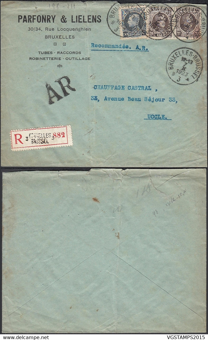 Belgique 1923 - Lettre Recommandée + AR A/timbres 196(x2) + 211 De Bruxelles à Destination Uccle.. (DD) DC-9783 - 1922-1927 Houyoux