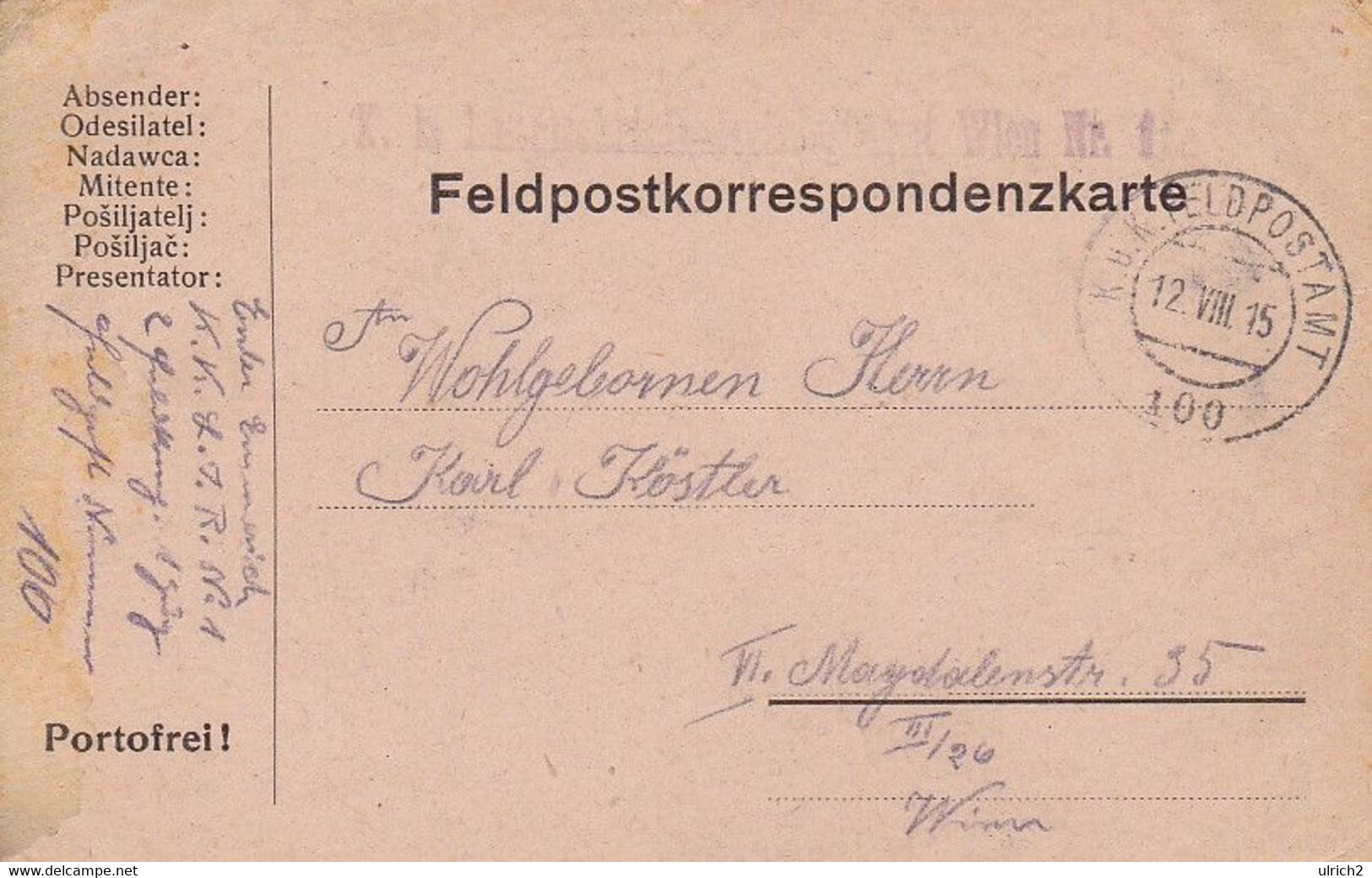 Feldpostkarte - K.k. Landwehrinfanterieregiment Wien Nr. 1 Nach Wien - 1915 (53508) - Storia Postale