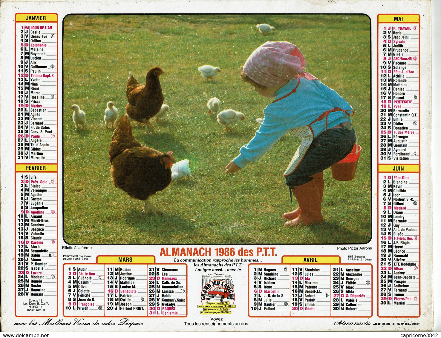 1986 - FILLETTE A LA FERME Et LE LAPIN - Almanachs Jean Lavigne - Grossformat : 1981-90