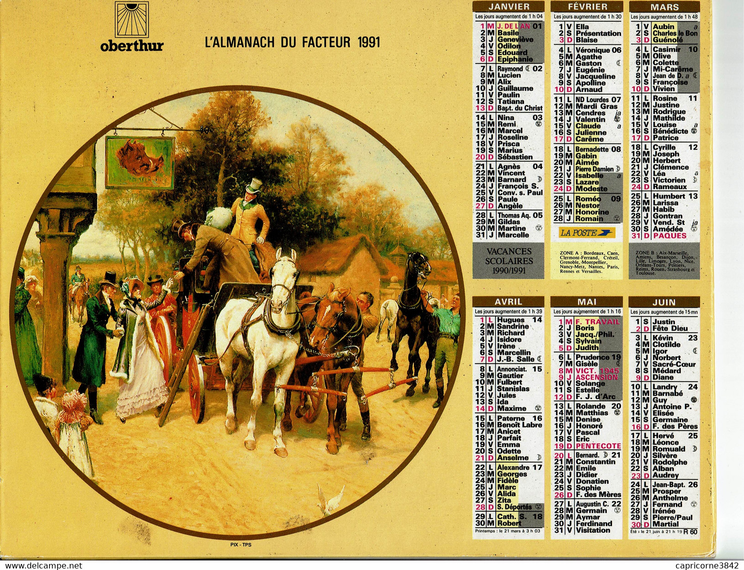 1991 - LES CALECHES - Almanachs Oberthur - Tamaño Grande : 1991-00