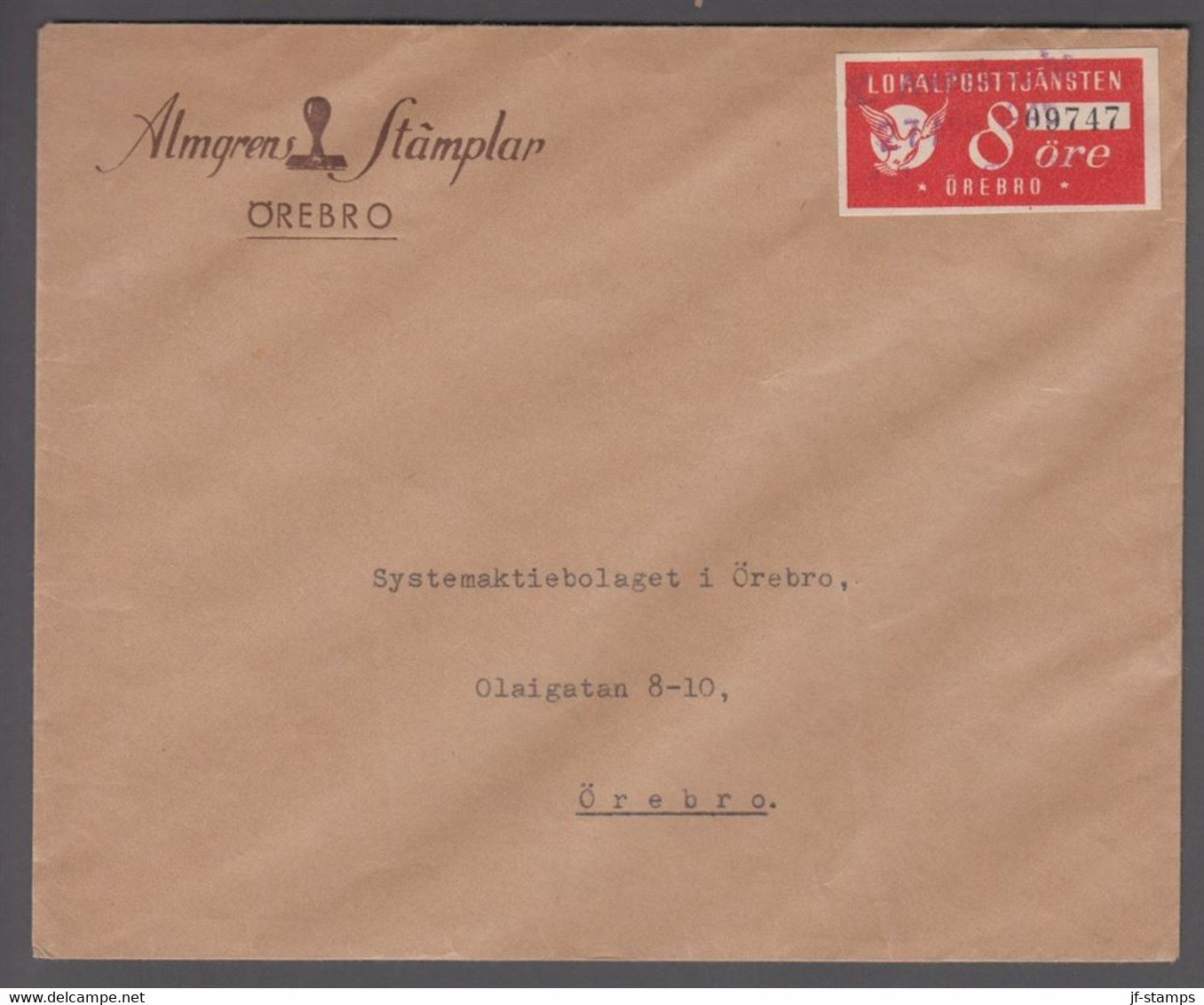 1945. SVERIGE LOKALPOSTTJÄNSTEN ÖREBRO. 8 ÖRE. Cancelled 7 APR 1945. Sender Almgrens ... () - JF412108 - Emissions Locales