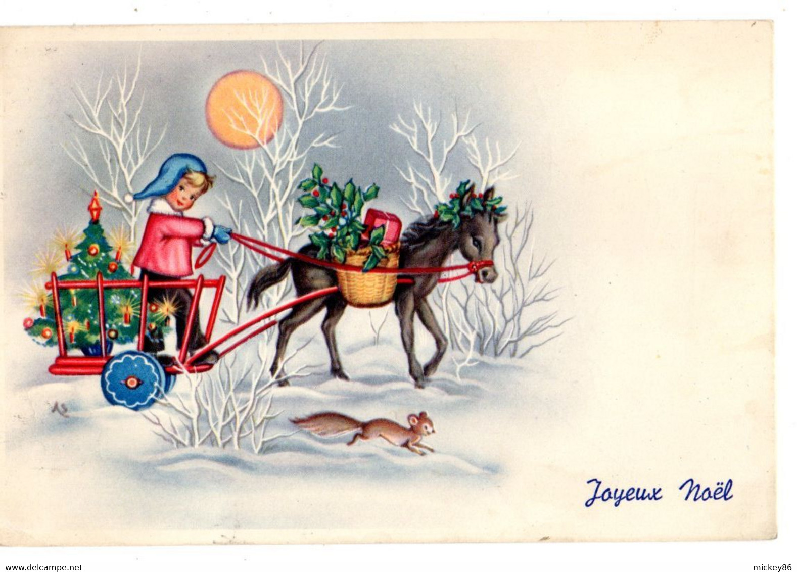 Joyeux Noel --1954--signée AS  -Attelage Avec Enfant,sapin Et écureuil....timbre Monaco....à Saisir - Kerstmis