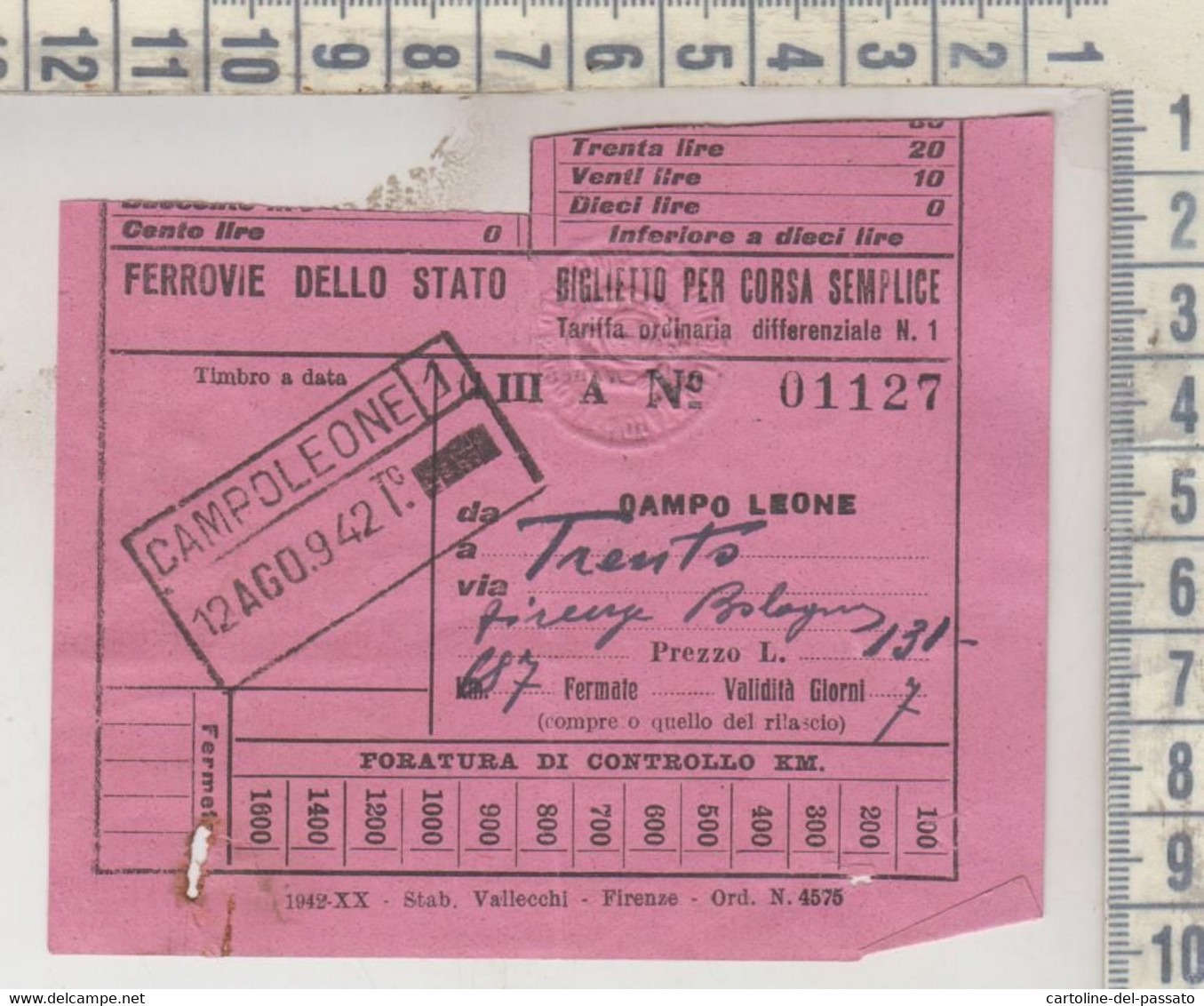 Biglietto Ticket Buillet Ferrovie Dello Stato 1942 Campoleone  Trento - Europe