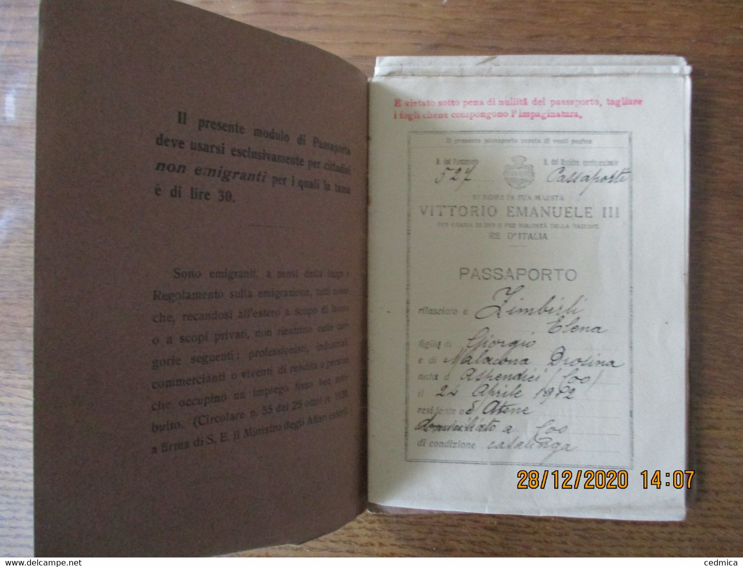 PASSAPORTO PER L'ESTERO REGNO D'ITALIA 1928 - Historische Documenten