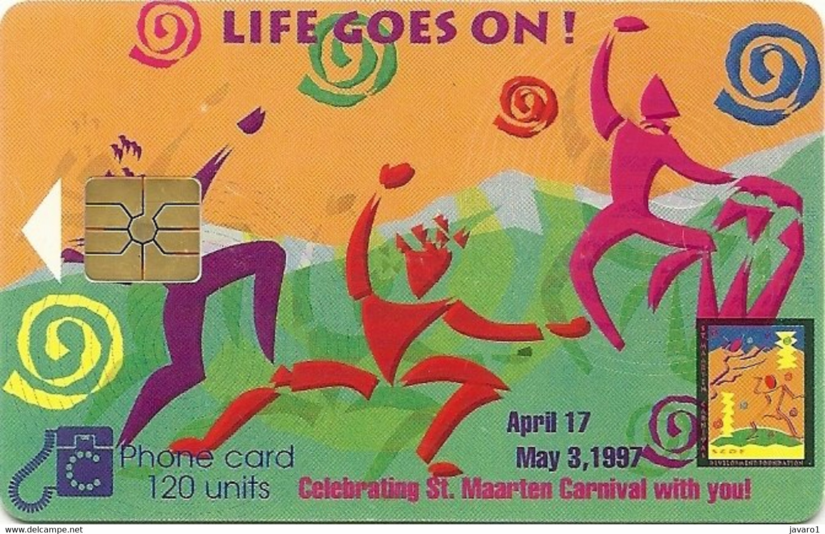 STMAARTEN : SMTC 6 120 U. GEM1B Life Goes On Carnaval Red Dancer USED - Antilles (Netherlands)