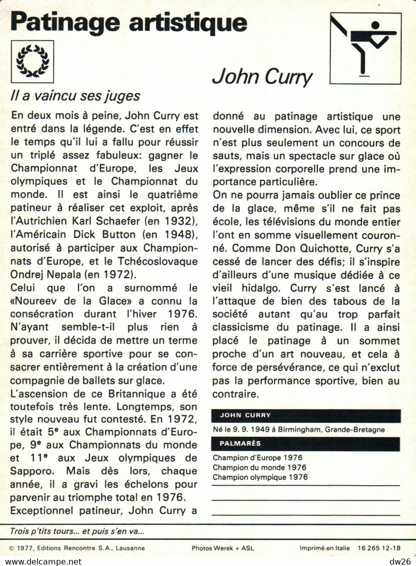 Fiche Sports: Patinage Artistique - John Curry (Grande Bretagne) Champion Olympique, D'Europe Et Du Monde En 1976 - Sport