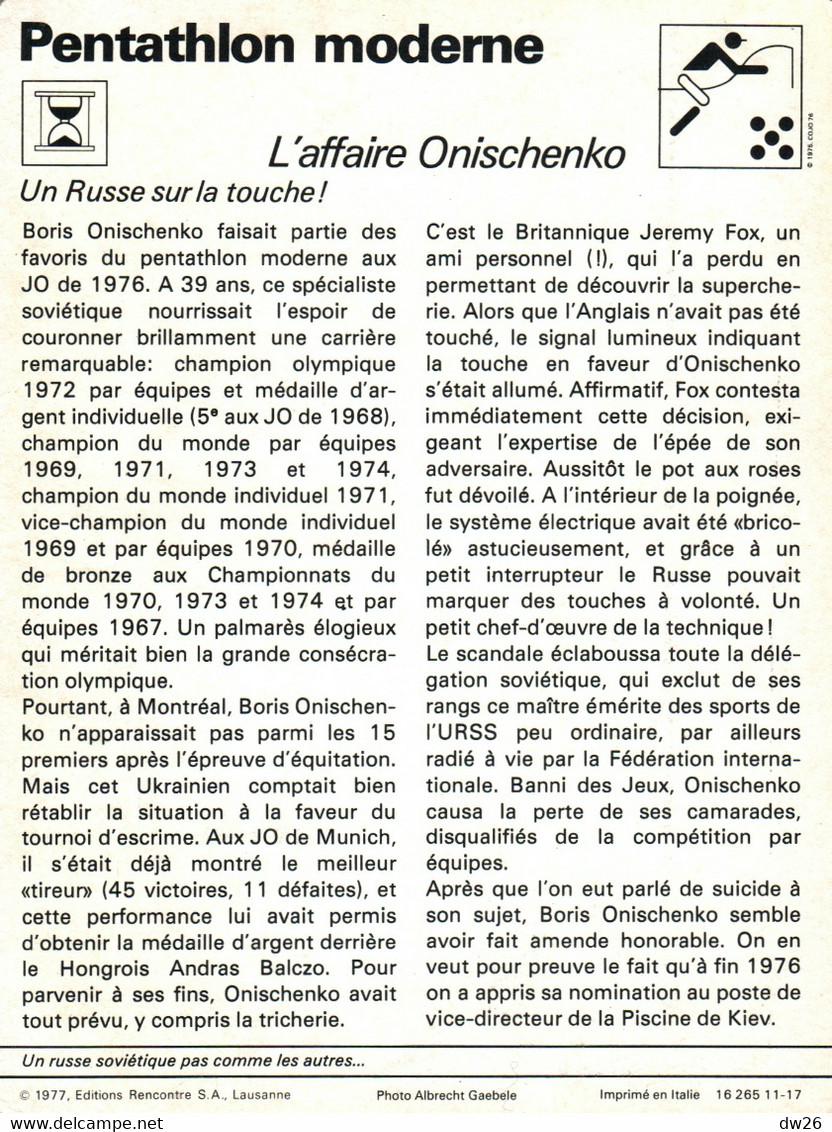 Fiche Sports: Pentathlon Moderne - L'affaire Onischenko (U.R.S.S.) Disqualifié Aux Jeux Olympiques De Montréal En 1976 - Sport