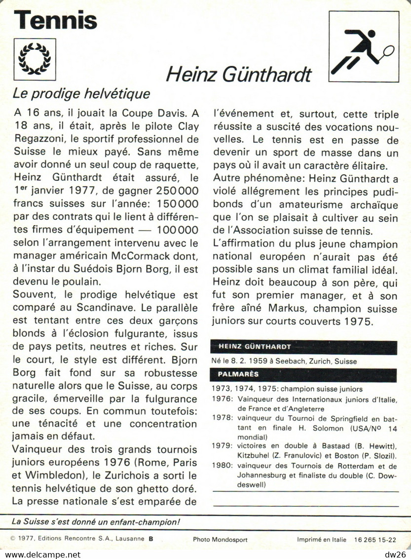 Fiche Sports: Tennis - Heinz Günthardt, Champion Suisse Junior, Le Prodige Helvétique - Sport