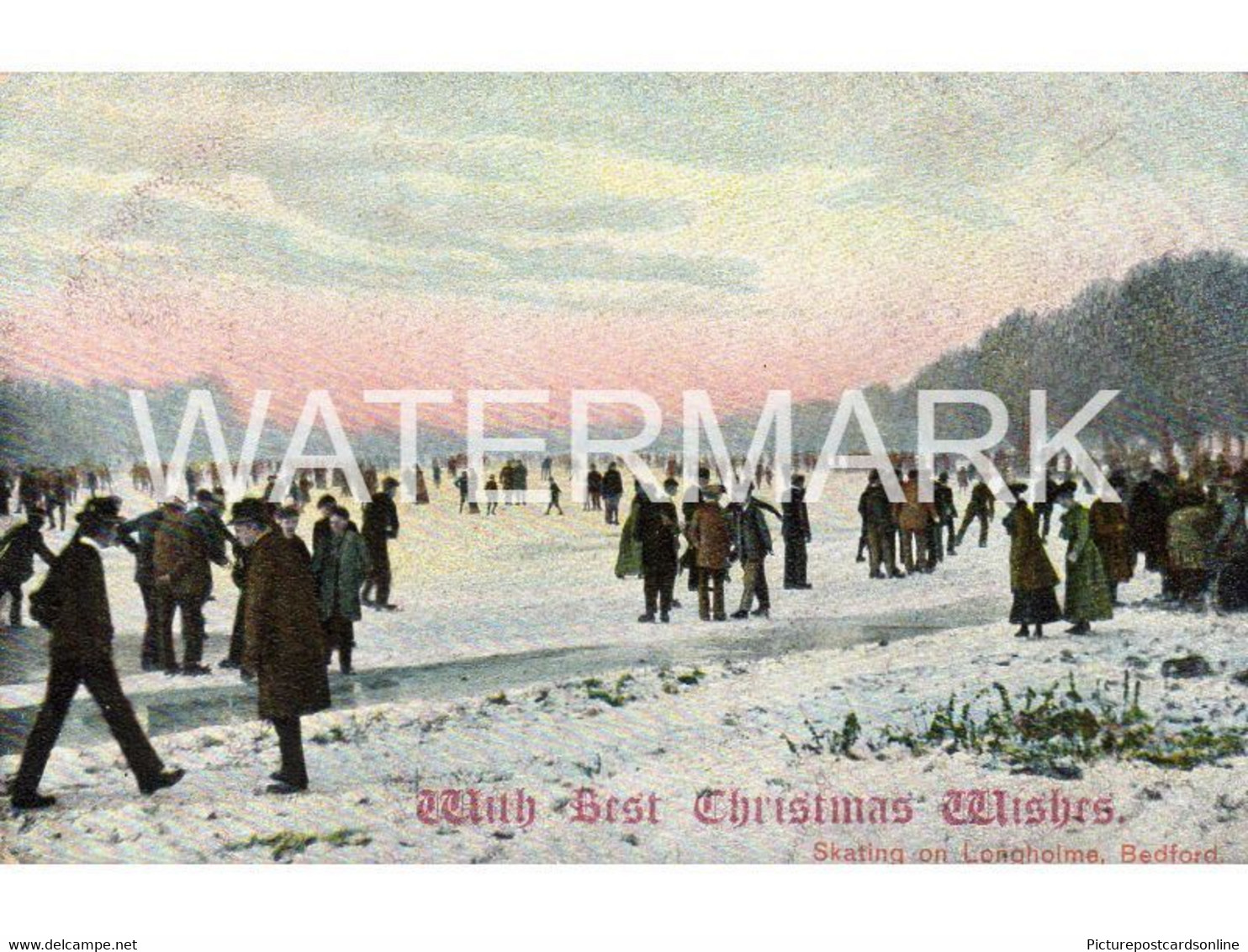 BEDFORD SKATING ON LONGHOLME OLD COLOUR POSTCARD BEDFORDSHIRE CHRISTMAS WISHES - Bedford