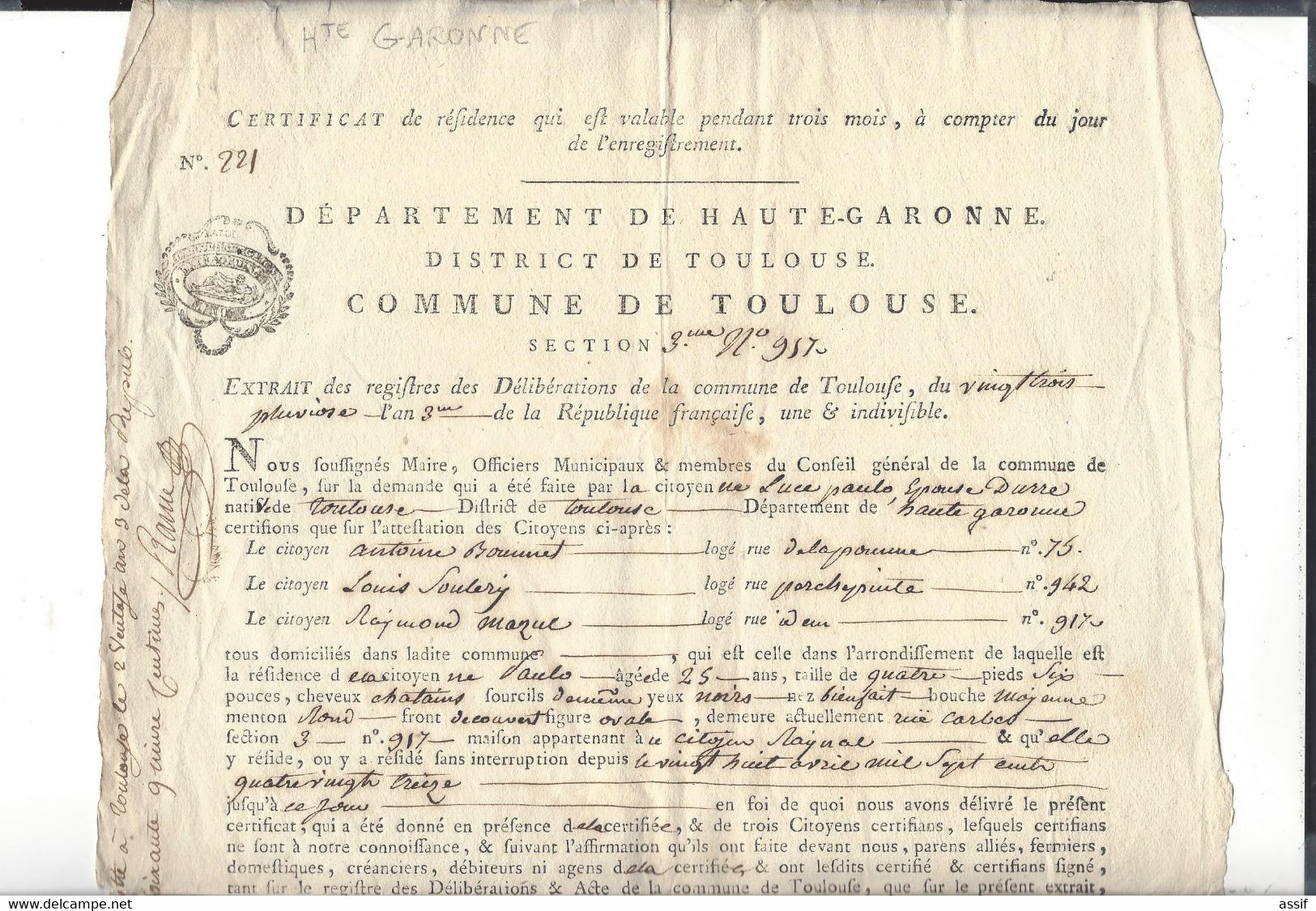 Toulouse Certificat De Résidence An 3 Citoyenne Paulo , épouse Durre  ( Nombreuses Signatures Des Autorités ) - Unclassified