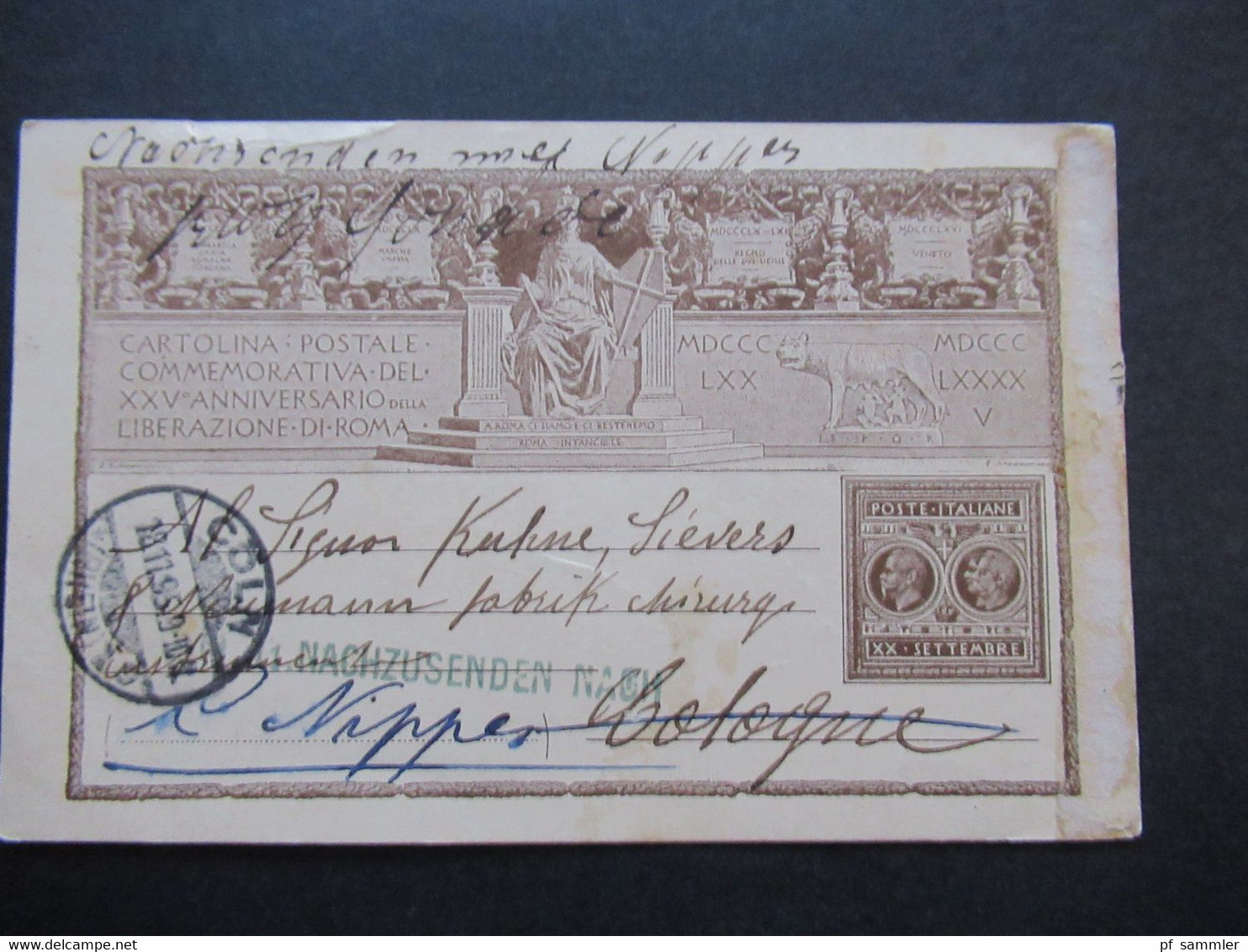 Italien 1895 Ganzsache Auslandskarte Nach Cöln Und Weitergsendet Nach Nippes. Blauer Stempel Nachzusenden Nach - Stamped Stationery