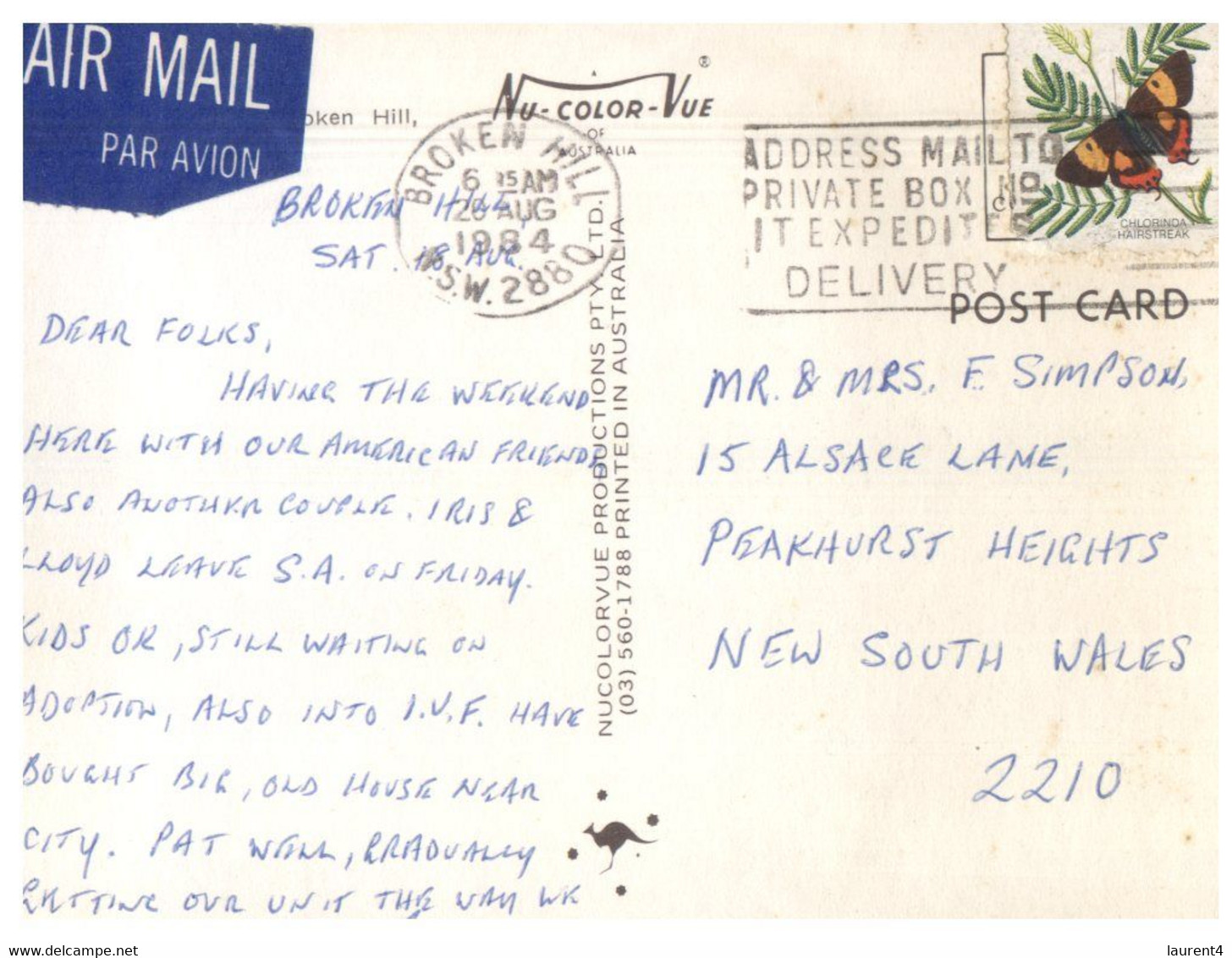 (CC 15) Australia - NSW - Broken Hill (with Butterfly Stamp)  Posted 1984 - Broken Hill