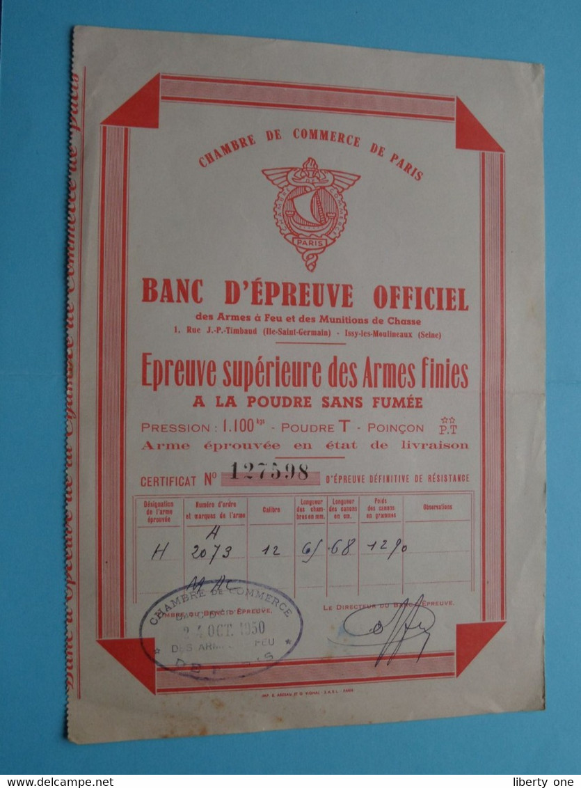 BANC D'EPREUVE OFFICIEL - Epreuve Supérieure Des ARMES Finies ( Chambre De Commerce De PARIS ) N° 127598 ! - Banco & Caja De Ahorros