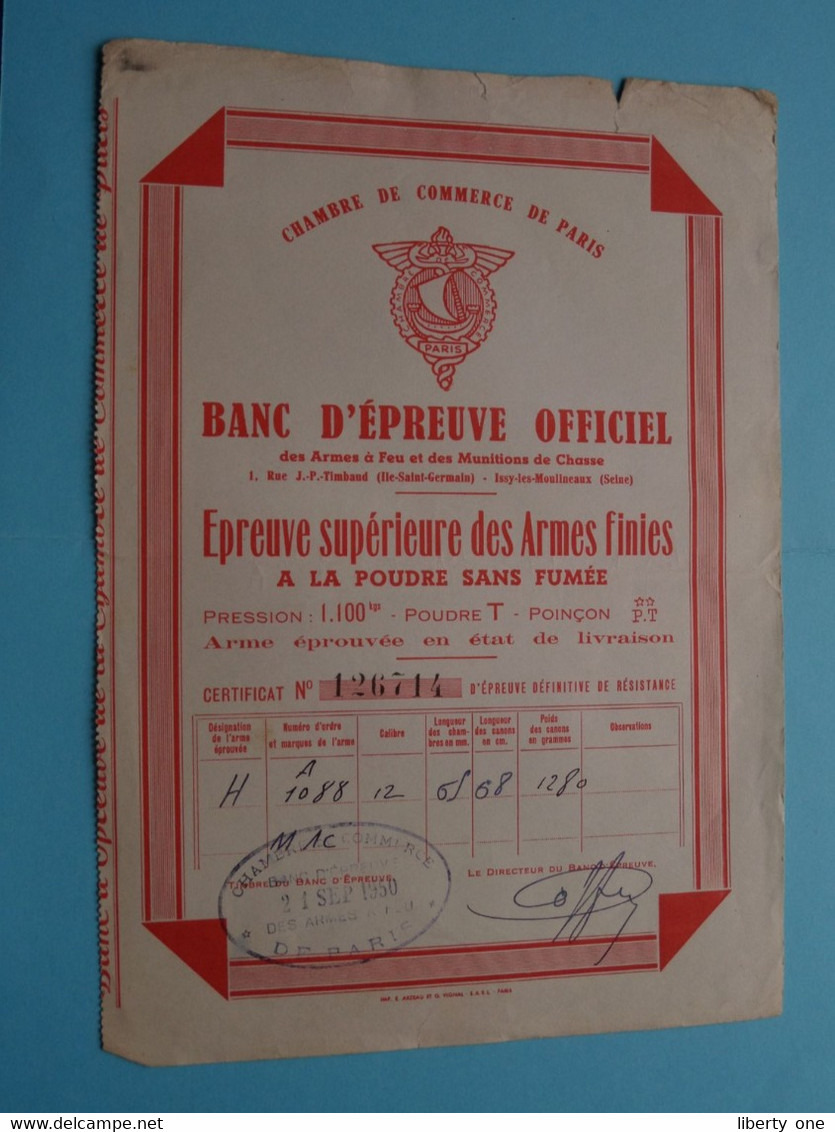 BANC D'EPREUVE OFFICIEL - Epreuve Supérieure Des ARMES Finies ( Chambre De Commerce De PARIS ) N° 126714 ! - Banca & Assicurazione