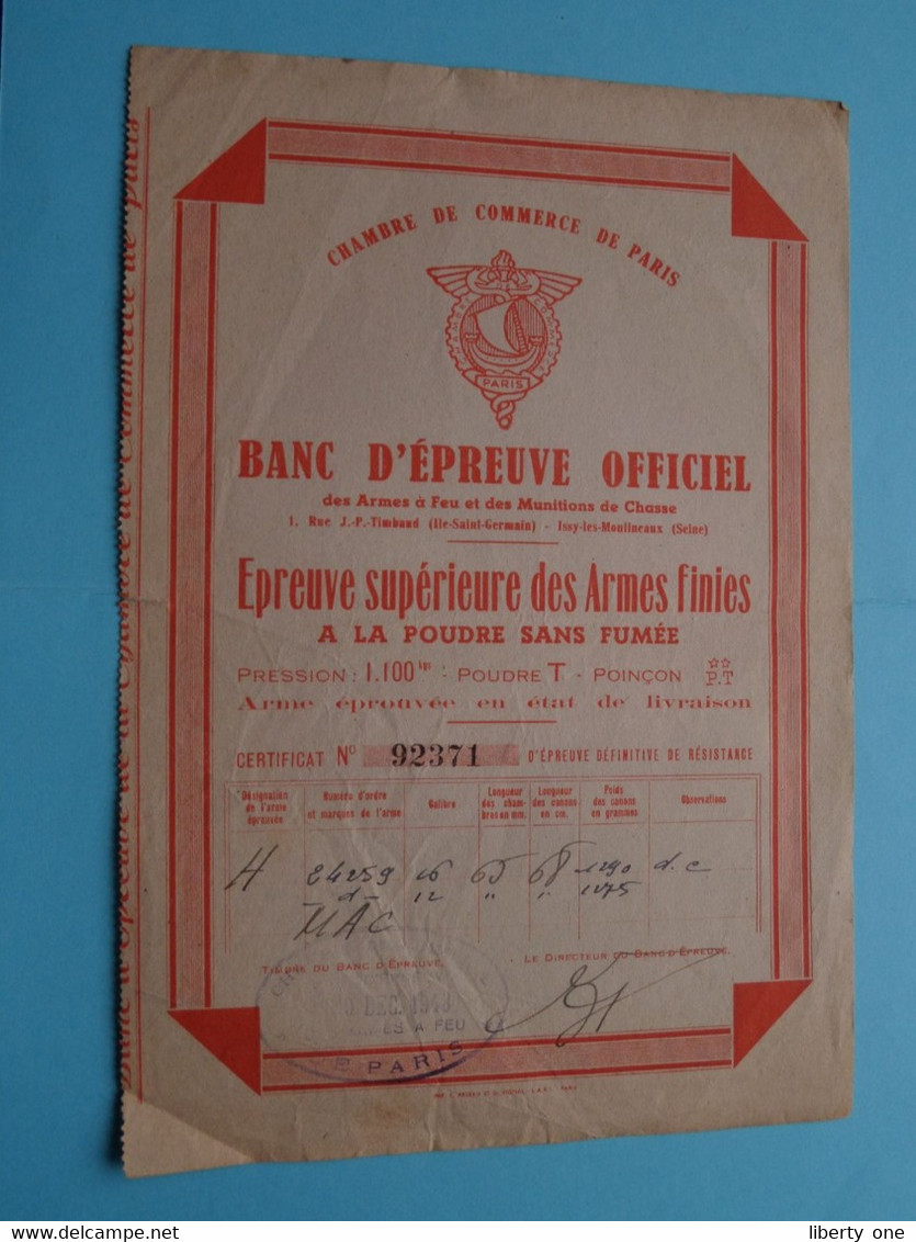 BANC D'EPREUVE OFFICIEL - Epreuve Supérieure Des ARMES Finies ( Chambre De Commerce De PARIS ) N° 92371 ! - Bank En Verzekering