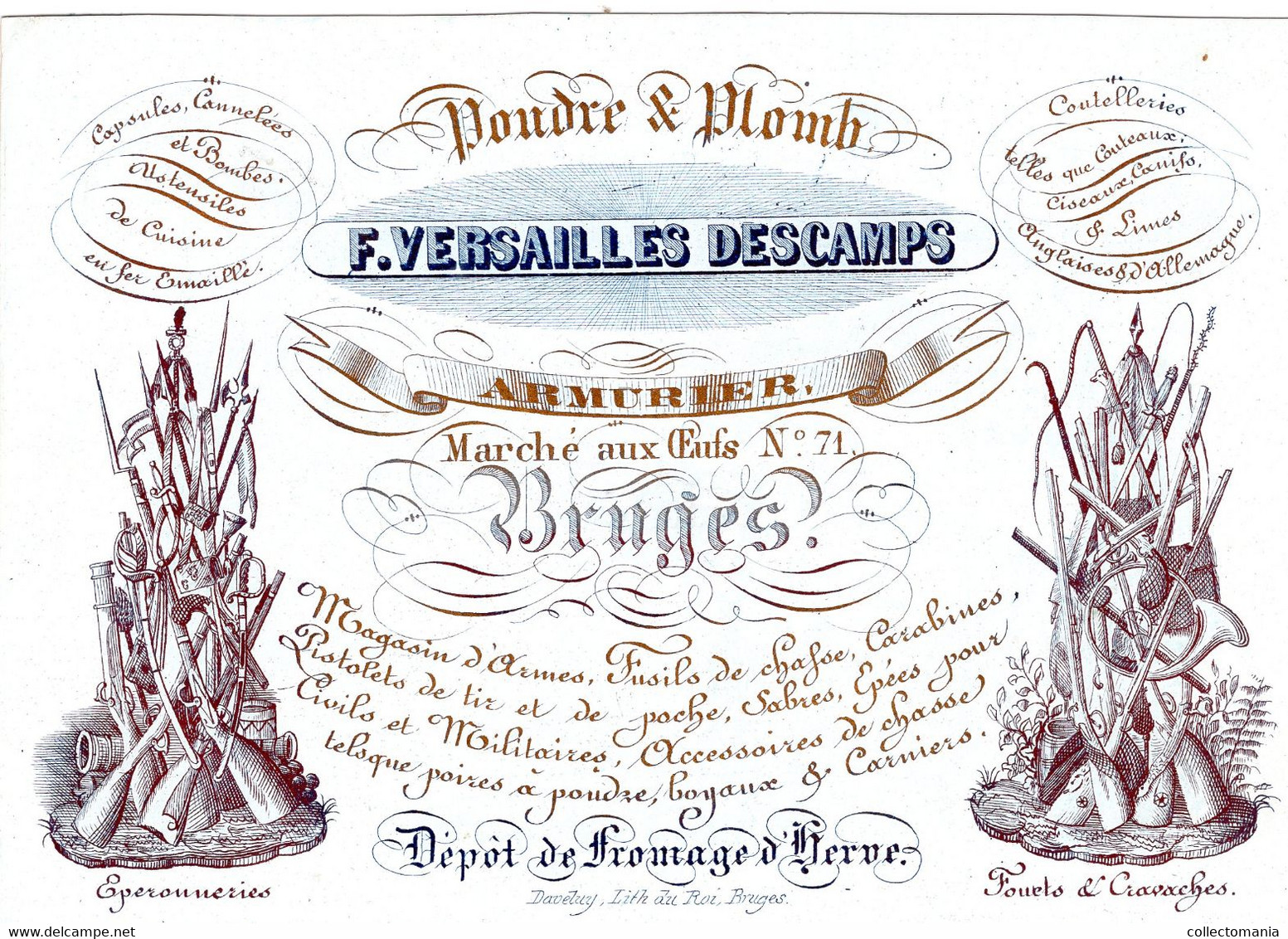 F.Versailles Descamps Poudre & Plomb Armurier Armes Fusils De Chasse Carabines Pistolets Sabres Marché Aux Oeufs Bruges - Cartes Porcelaine