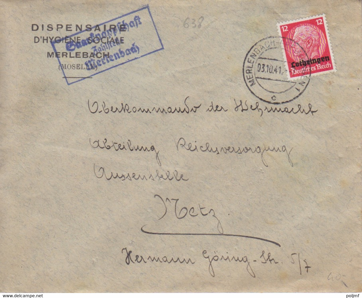 Lettre à Entête (Dispensaire...) De Merlebach (T325 Merlenbach-Freimingen 1 C) TP Lothr. 12pf Le 3/10/41 + Tampon Saarkn - Covers & Documents