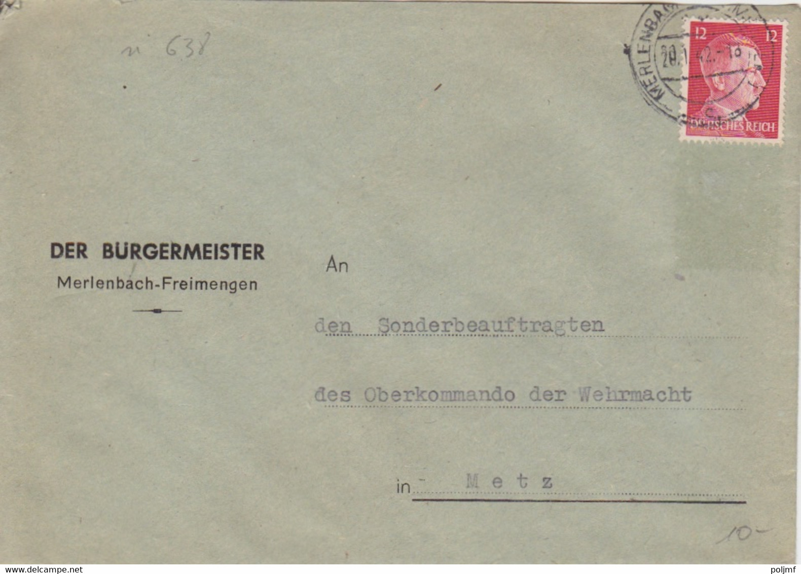 Lettre à Entête (Bürgermeister) De Merlebach (T325 Merlenbach-Freimingen 1 C) TP Hitler 12pf Le 20/2/42 (dernière Date) - Covers & Documents