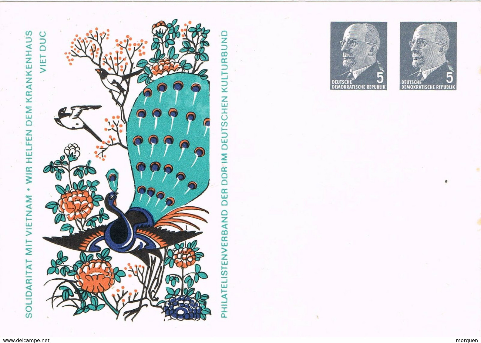 38773. 4 Entero Postal, Postcard 5+5 Pf. Solidaritat Mit VIETNAM, Fish, Horse, Pavo, Rooster, Pheasant - Cartes Postales Privées - Neuves