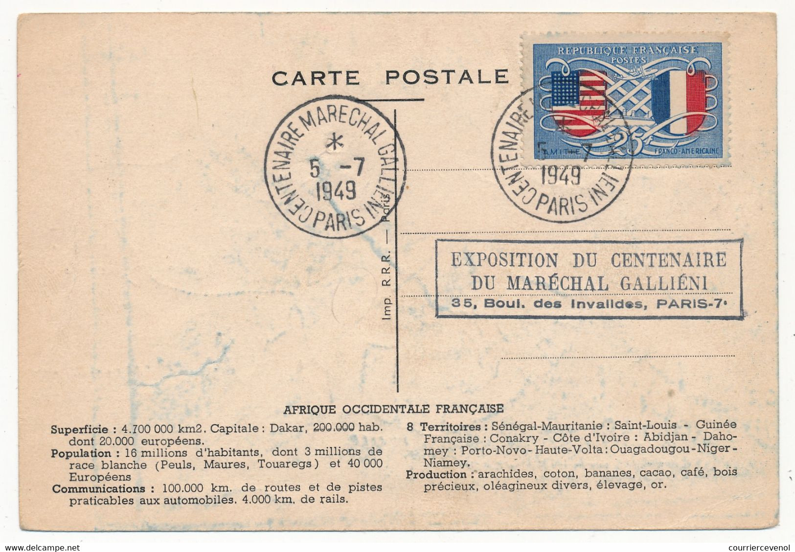 FRANCE - CPSM A.O.F Capitaine Galliéni - Obl "Centenaire Maréchal Galliéni PARIS 5/7/1949" Sur 25F Amitié Franco Améric. - Lettres & Documents
