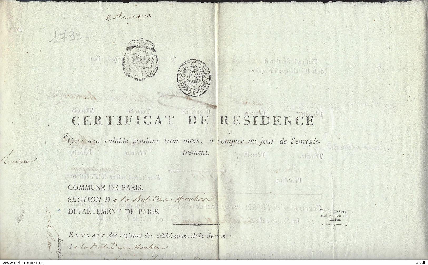 Révolution Française - Certificat De Résidence An 2 Paris Section De La Butte Des Moulins ( Nombreuses Signatures ) - Unclassified