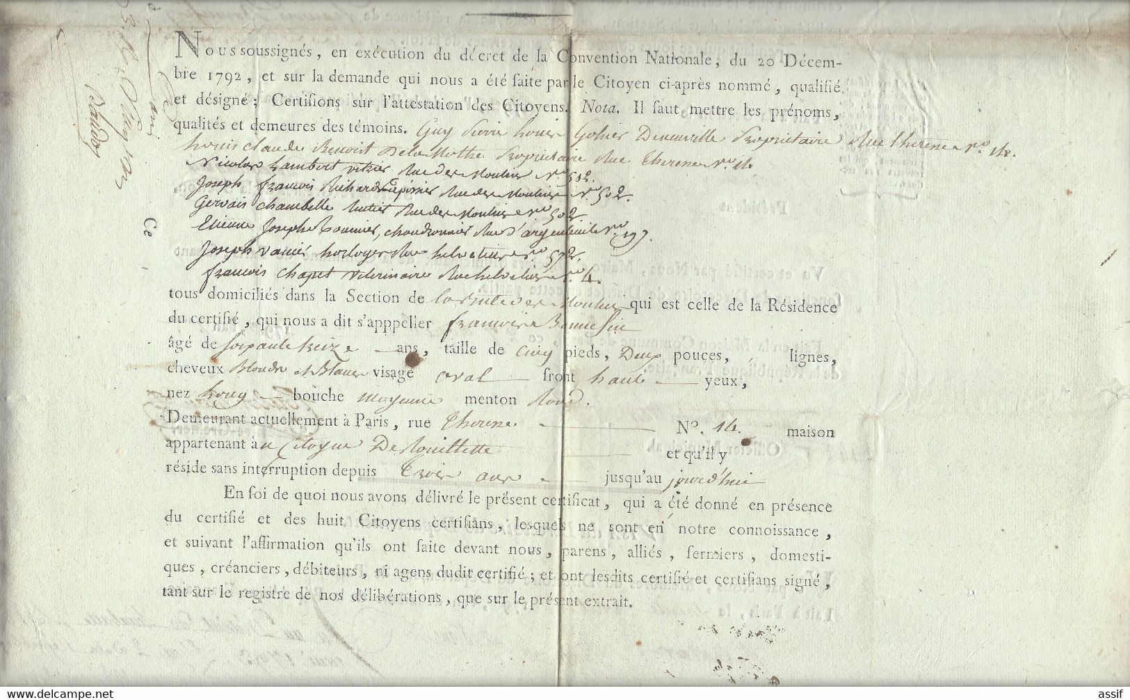 Révolution Française - Certificat De Résidence An 2 Paris Section De La Butte Des Moulins ( Nombreuses Signatures ) - Sin Clasificación