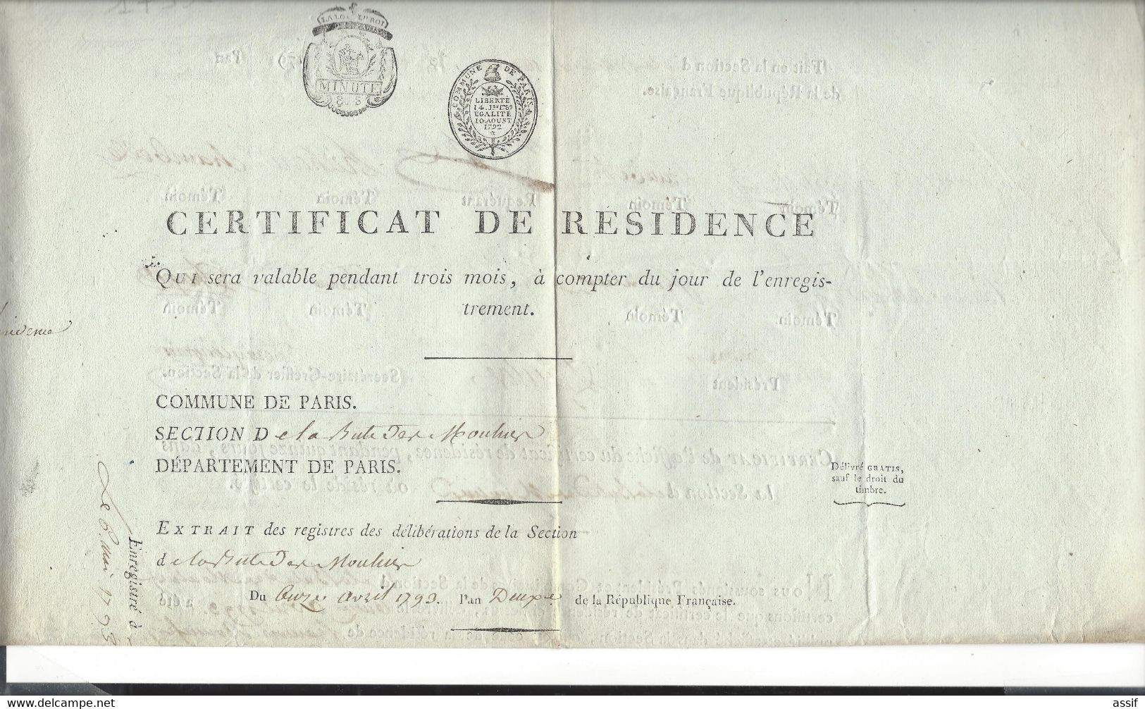 Révolution Française - Certificat De Résidence An 2 Paris Section De La Butte Des Moulins ( Nombreuses Signatures ) - Non Classificati