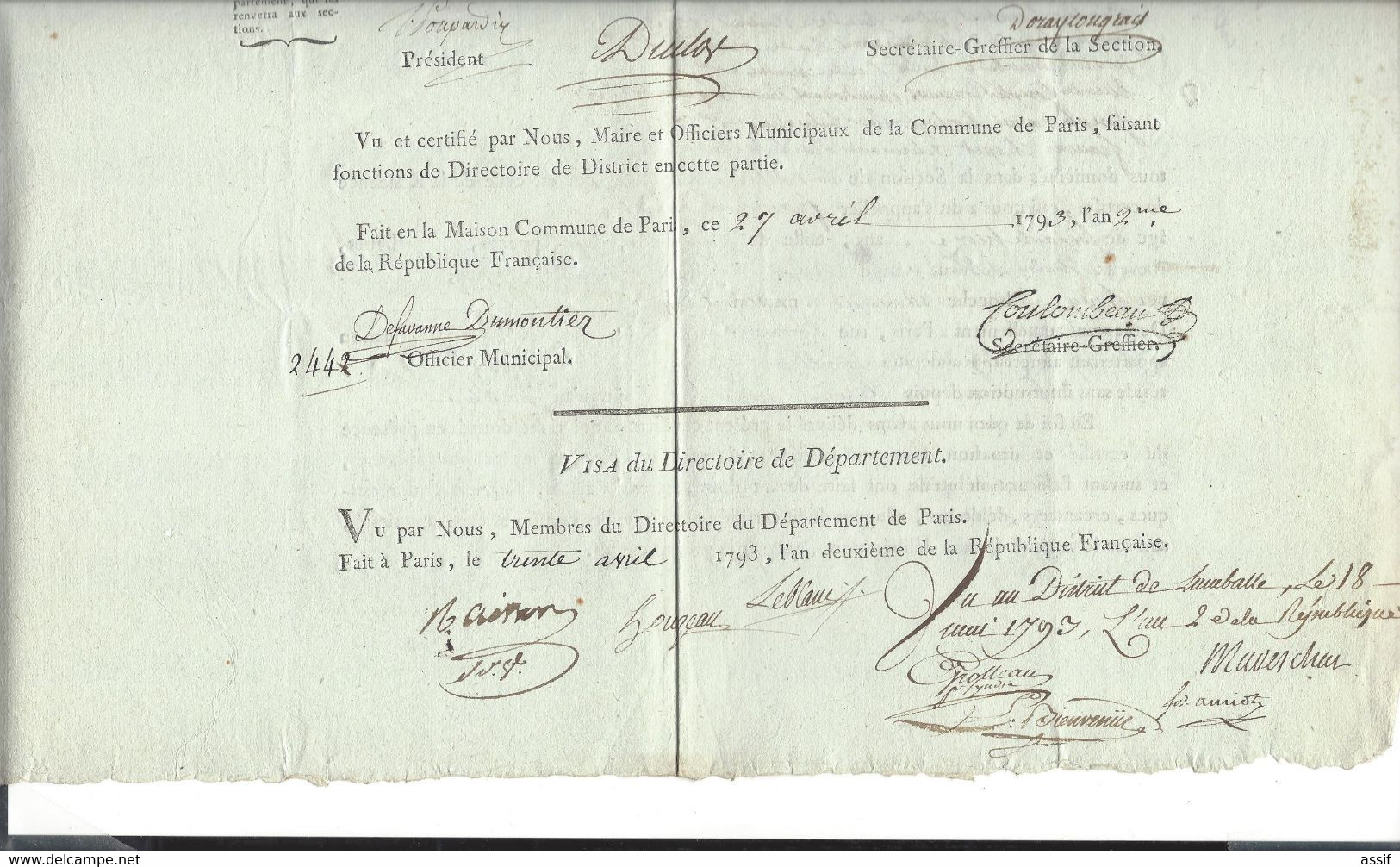 Révolution Française - Certificat De Résidence An 2 Paris Section De La Butte Des Moulins ( Nombreuses Signatures ) - Sin Clasificación