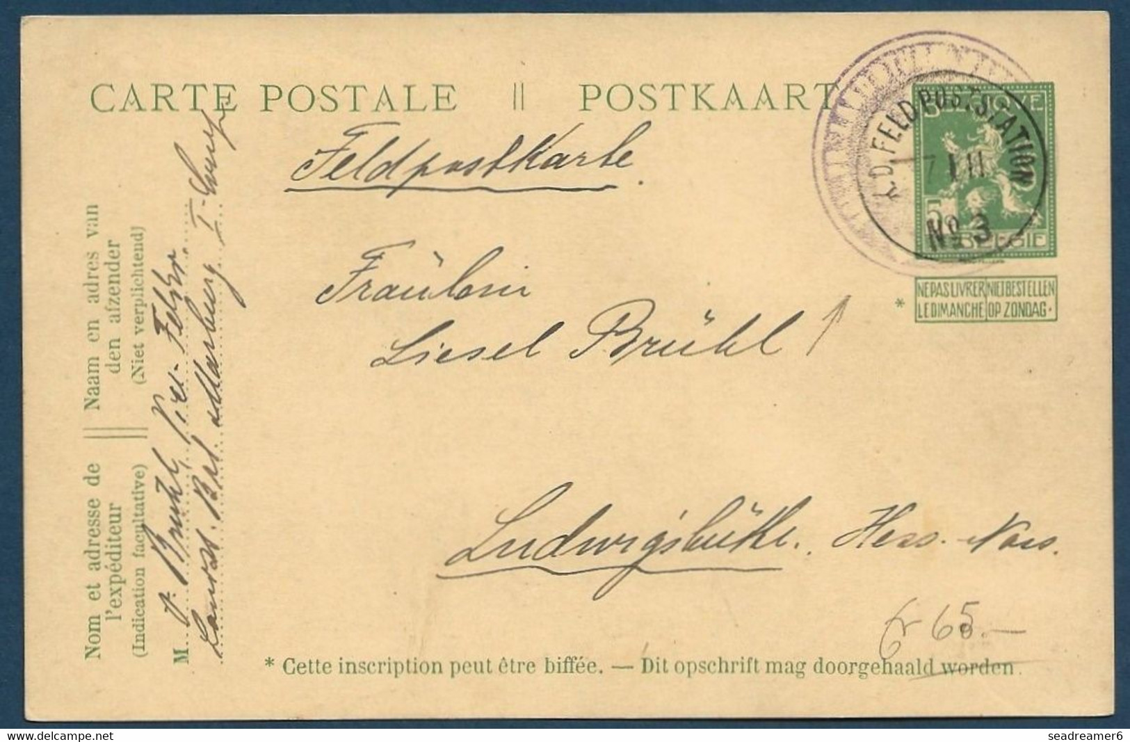 Belgique Entier Carte 5c Obl Feldstation N°3 7 Nov 1914 + Cachet Negatif Violet Illisible ? Pour Ludwigsbrücke Allemagne - Armada Belga