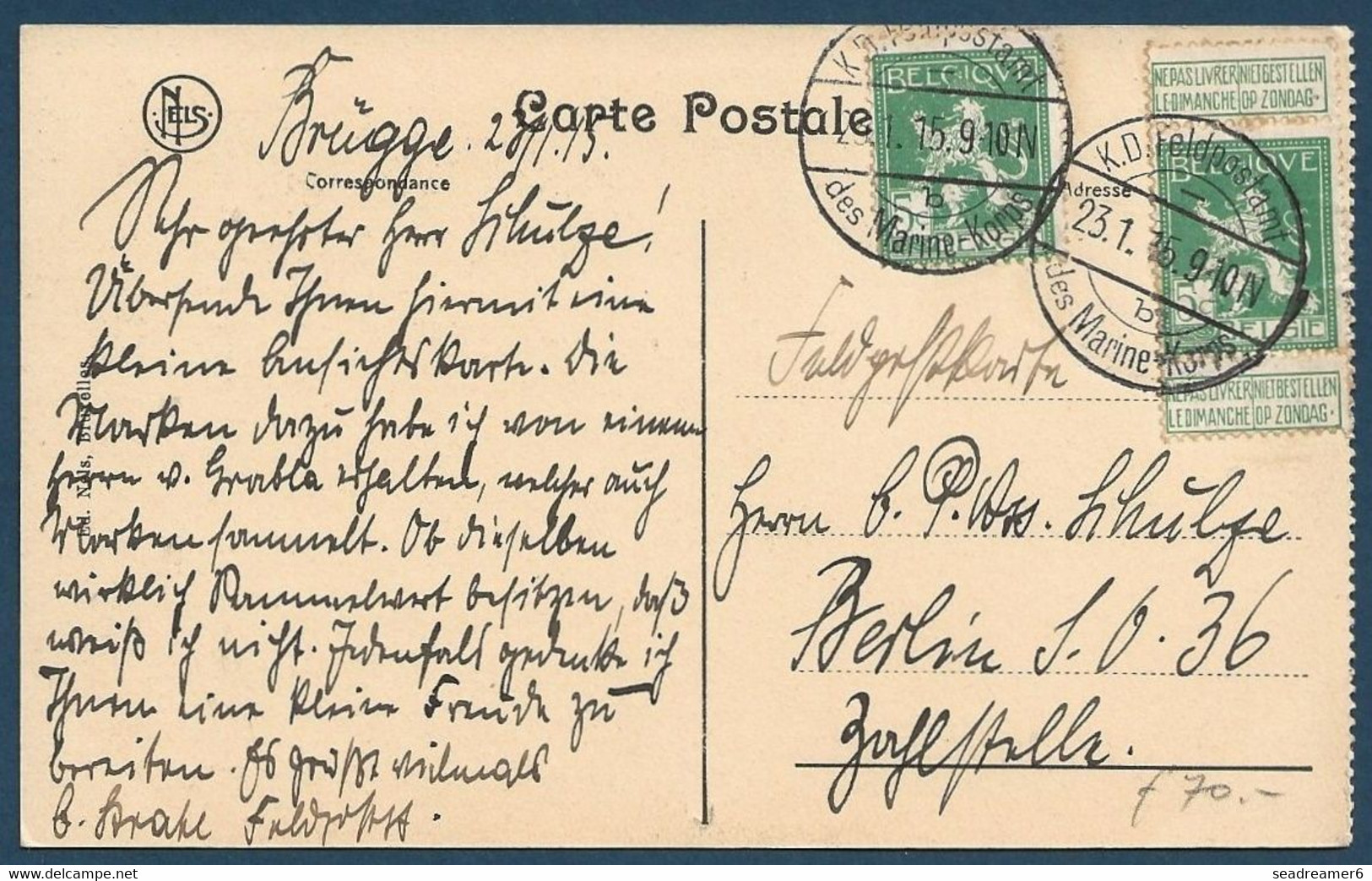 Belgique Carte 2x 5c Obl Feldpostamt Des Marines Korps 23 Jan 18 Pour Berlin/Allemagne RR - Belgisch Leger