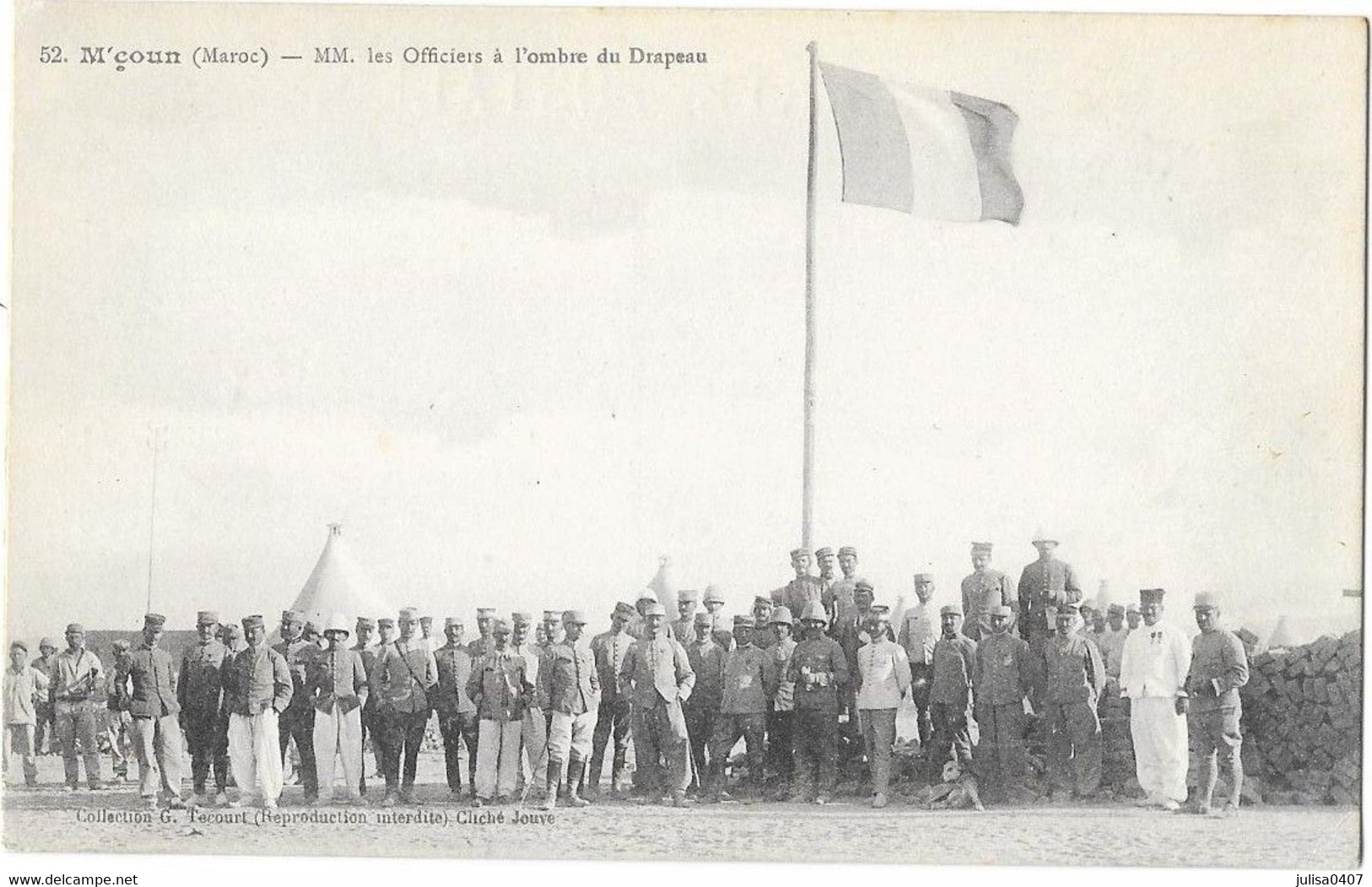 M'çoun (Maroc) Camp Militaire Armée Française Officiers à L'ombre Du Drapeau Animation - Altri & Non Classificati