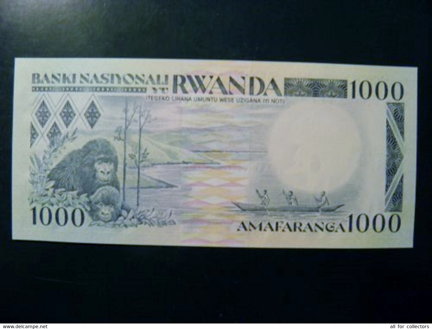 UNC Banknote Rwanda 1988 1000 Francs P-21 Warriors Animals Monkeys Gorillas Canoe Mountains - Rwanda