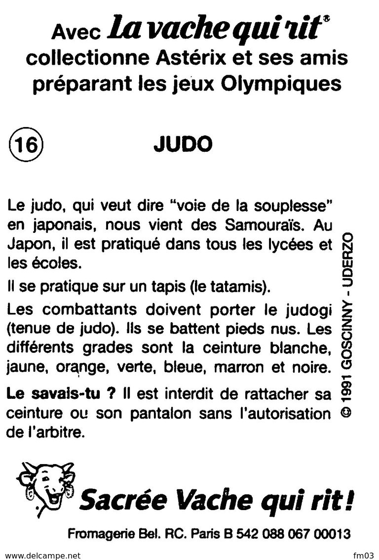 Judo Jeux Olymppiques JO 92 Image Adhésif Autocollant La Vache Qui Rit Fromagerie Bel Astérix . - Sonstige & Ohne Zuordnung